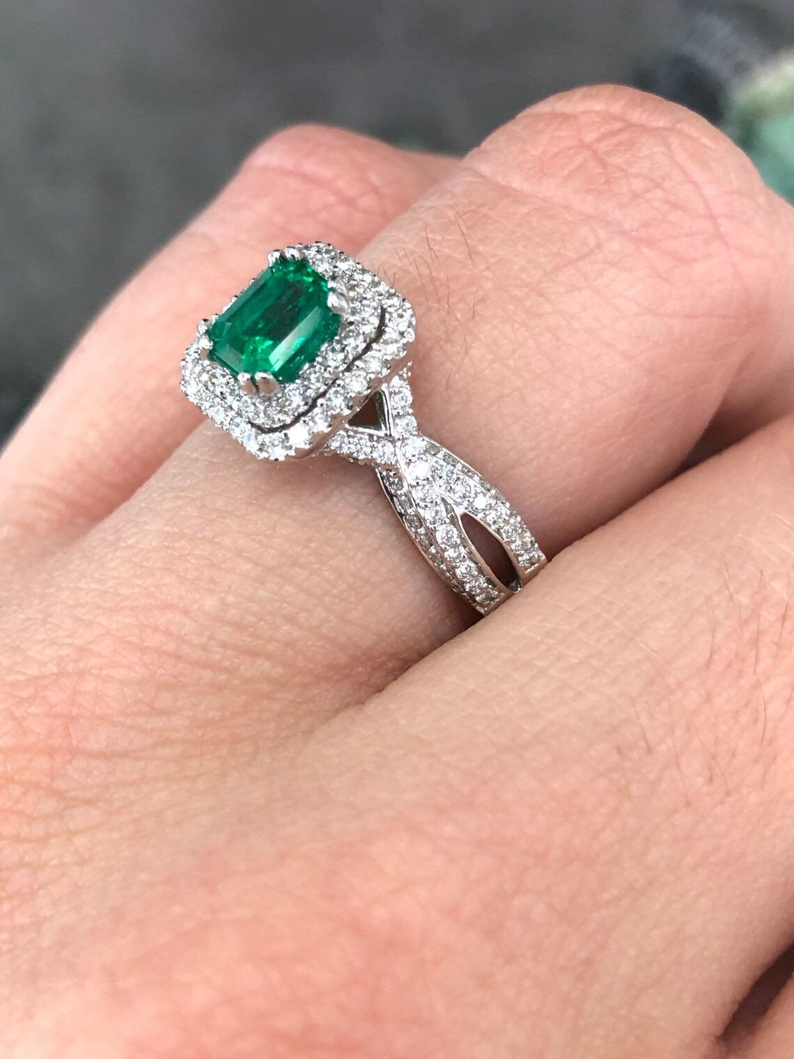 Women's 2.23tcw AAA+ Colombian Emerald-Emerald Cut & Diamond Halo Statement Ring For Sale