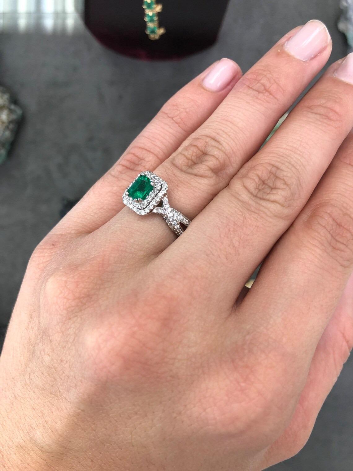 2.23tcw AAA+ Colombian Emerald-Emerald Cut & Diamond Halo Statement Ring For Sale 1