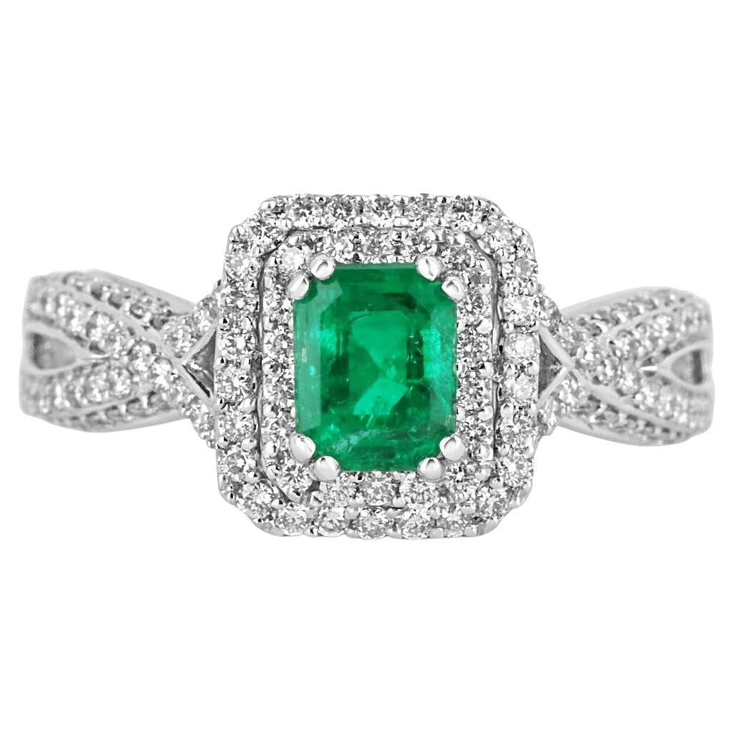 2.23tcw AAA+ Colombian Emerald-Emerald Cut & Diamond Halo Statement Ring For Sale