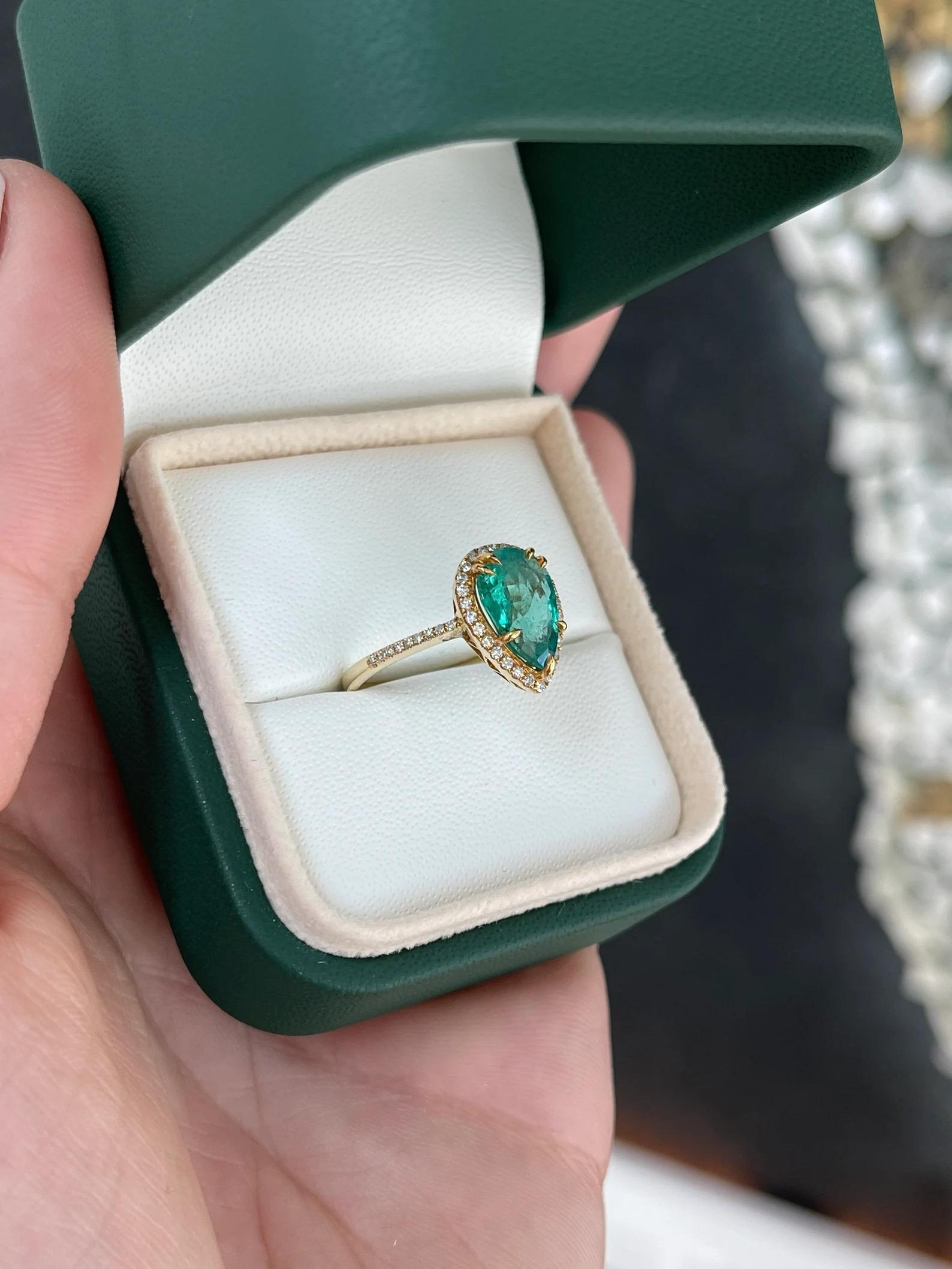 Modern 2.23tcw Pear Cut Emerald & Diamond Halo / Shank Engagement Ring 14K For Sale