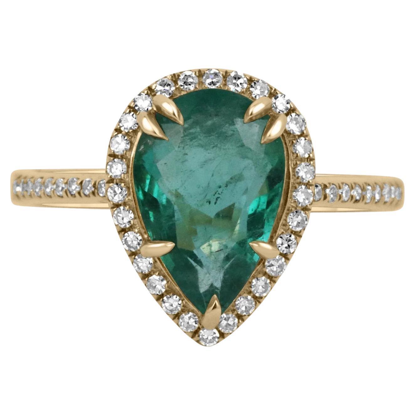 2.23tcw Pear Cut Emerald & Diamond Halo / Shank Engagement Ring 14K For Sale