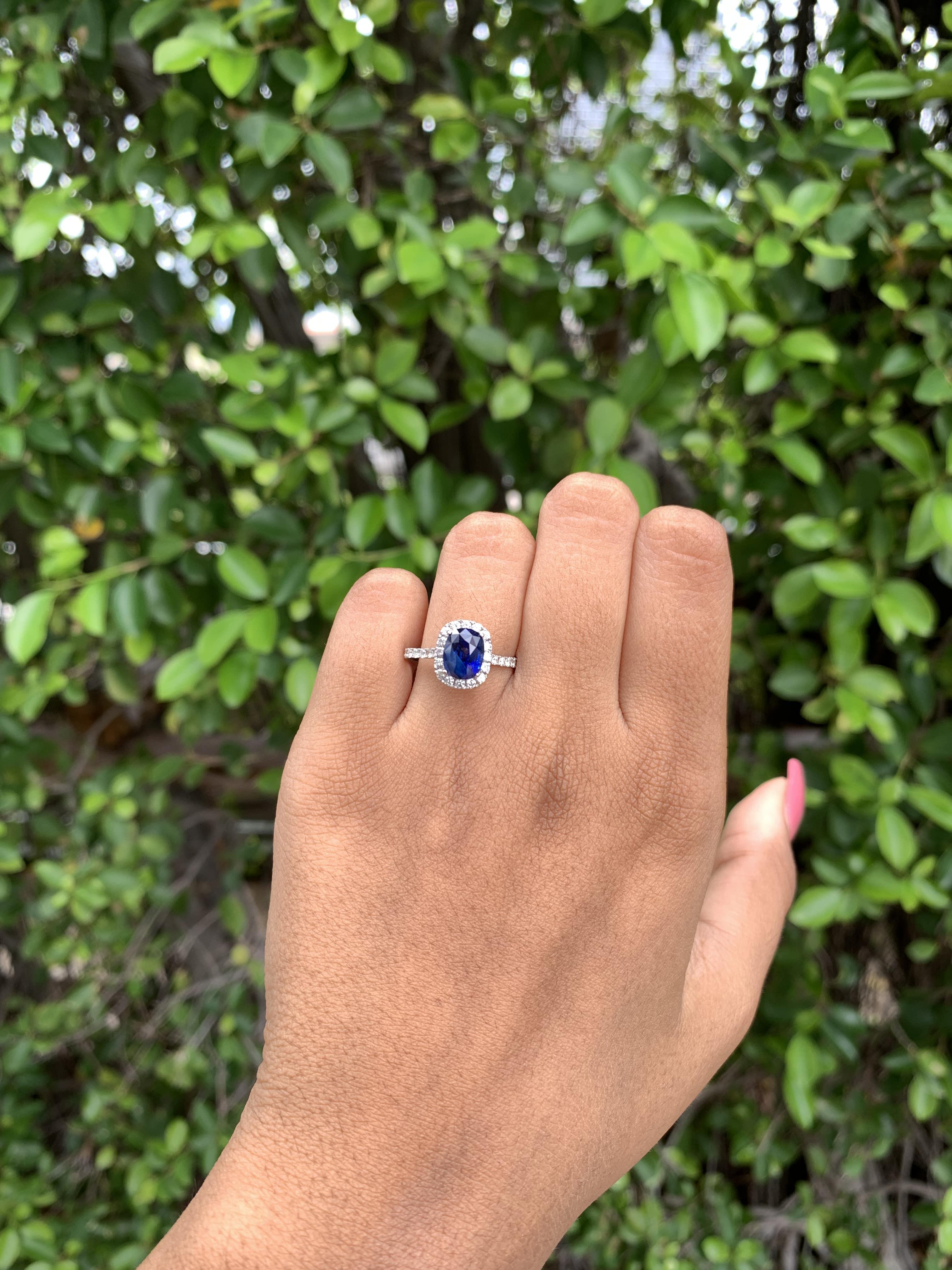 Cushion Cut 2.24 Ct Royal Blue Sapphire with Halo Diamonds 14K White Gold Ring For Sale