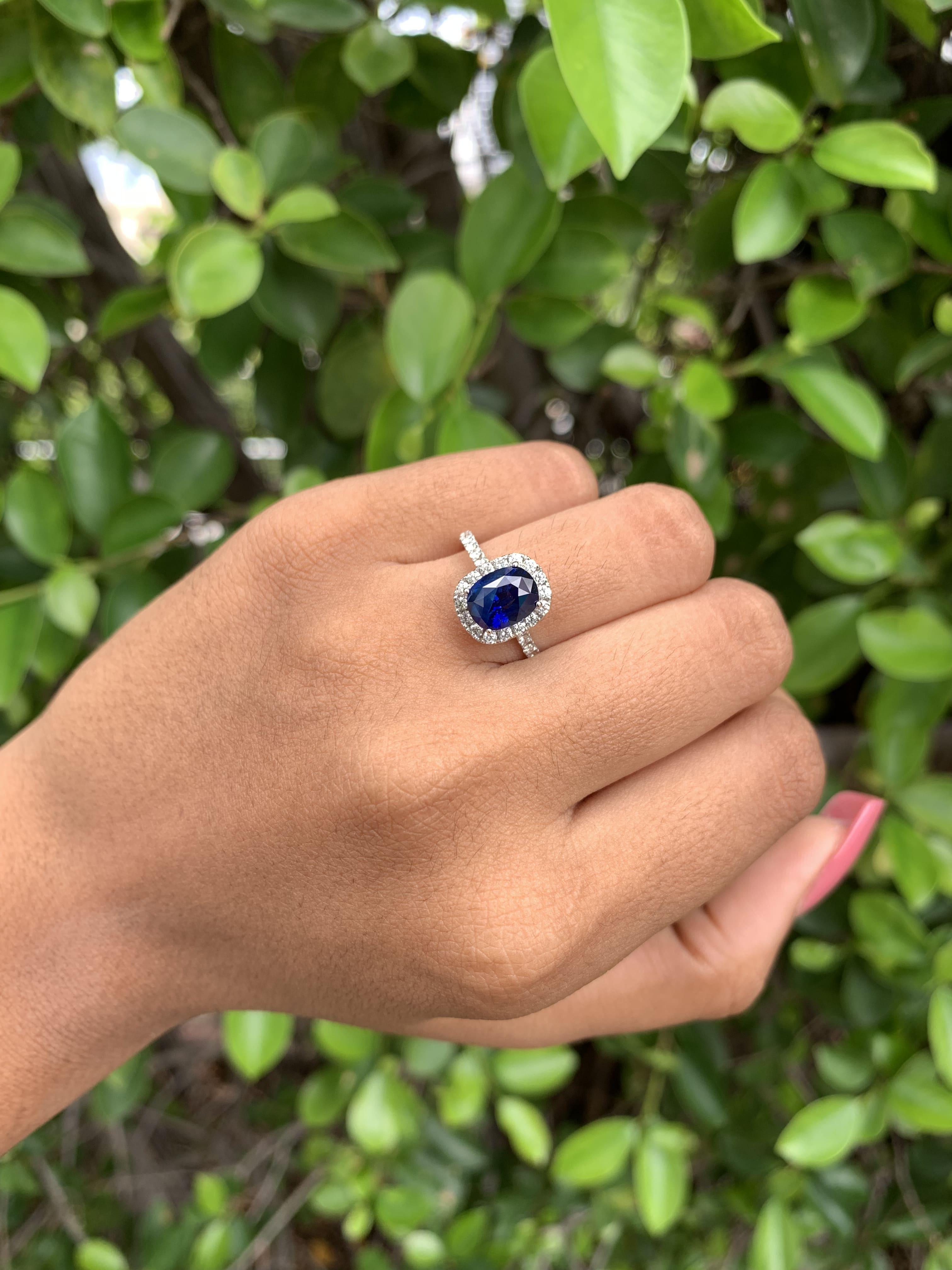 2.24 Ct Royal Blue Sapphire with Halo Diamonds 14K White Gold Ring For Sale 1