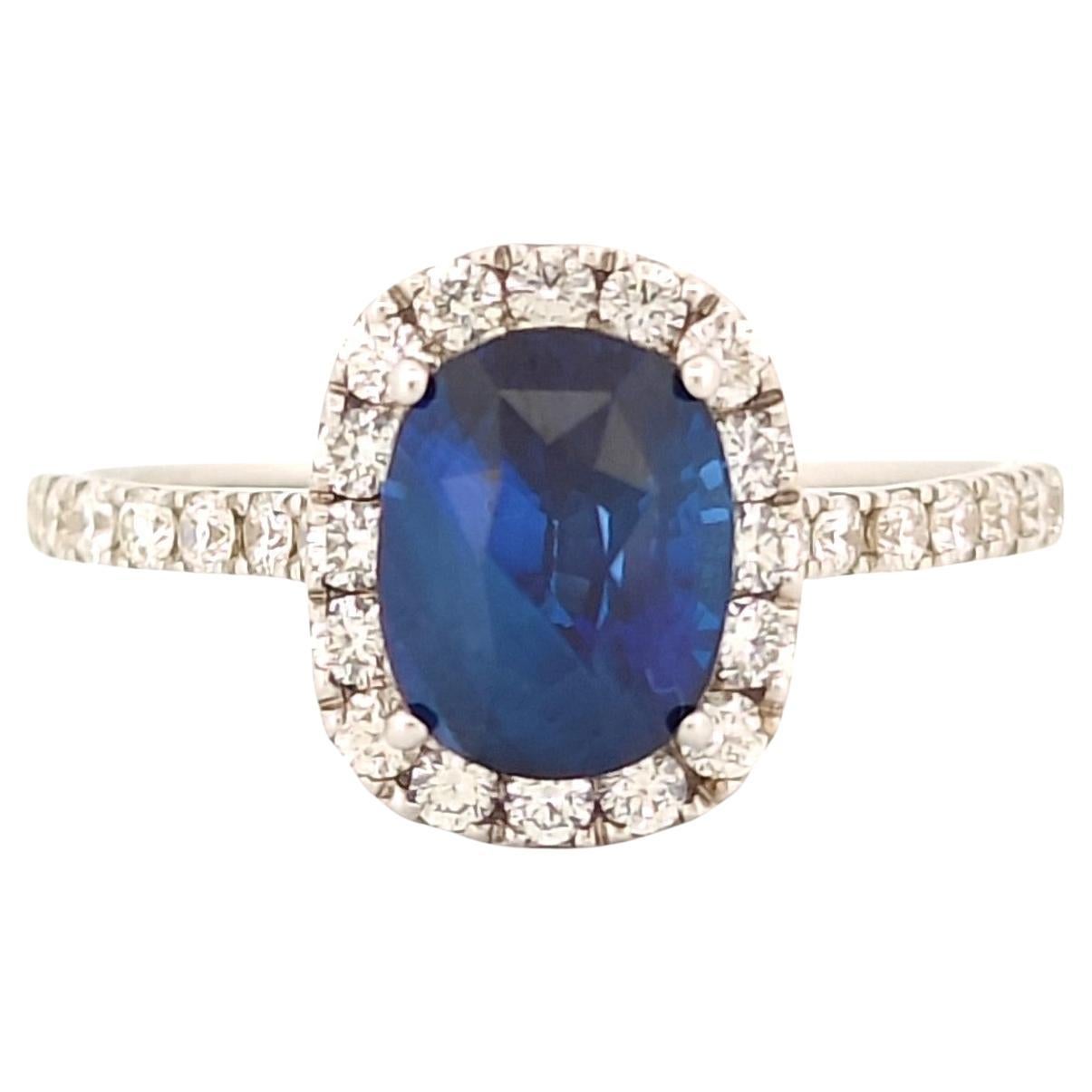 2.24 Ct Royal Blue Sapphire with Halo Diamonds 14K White Gold Ring For Sale