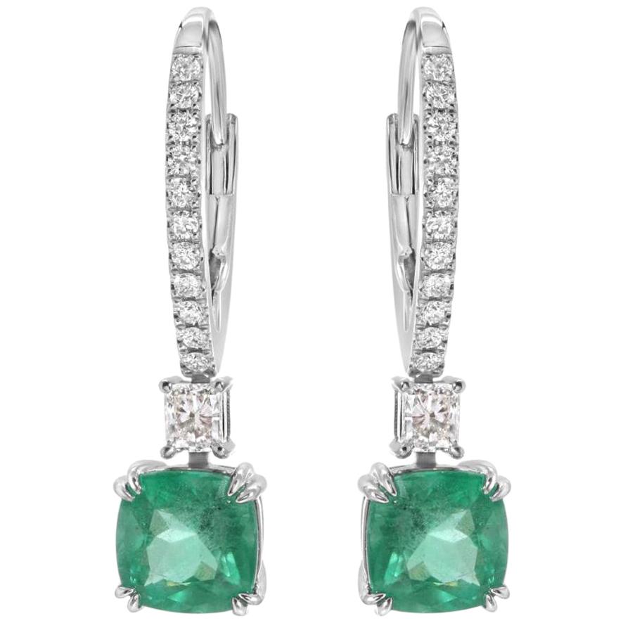 2.24 Carat Colombian Emerald & 0.45 Carat Diamonds 14k White Gold Drop Earrings