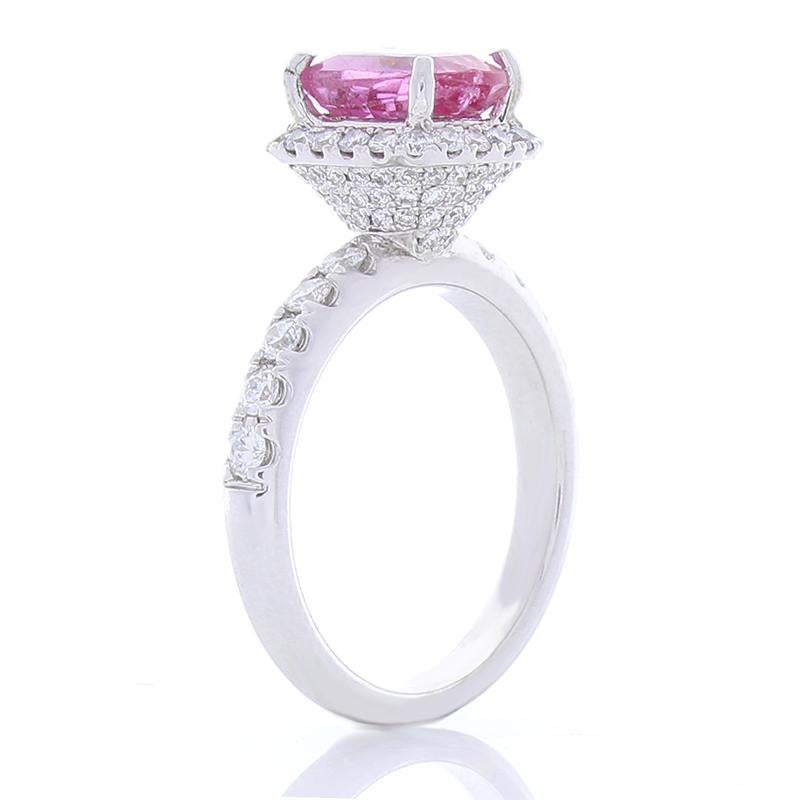 Contemporary 2.24 Carat Cushion Cut Pink Sapphire and Diamond Cocktail Ring in 18 Karat Gold