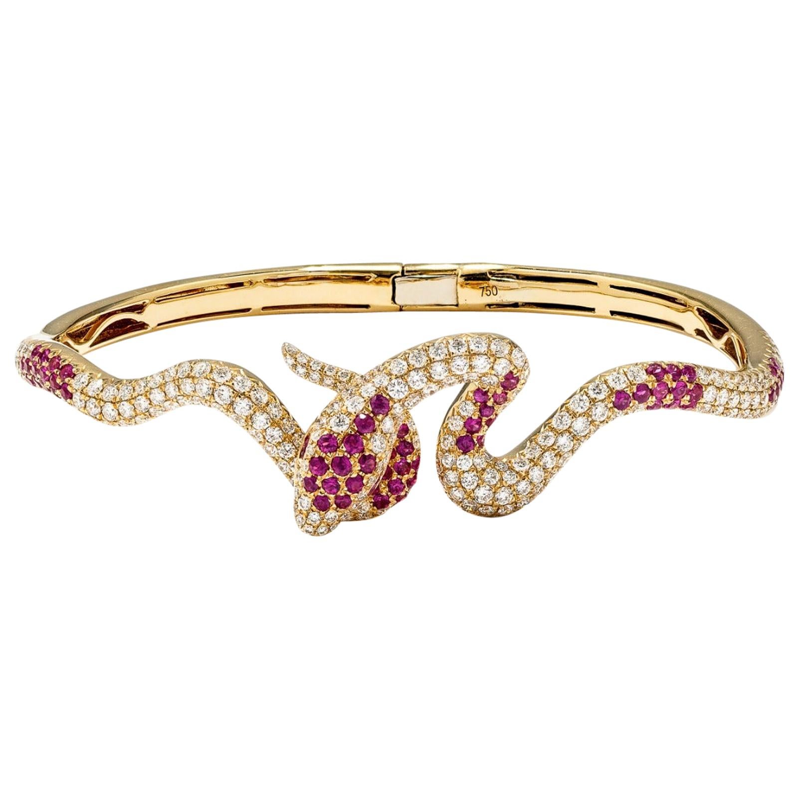 2.24 Carat Diamond and 1 Carat Ruby Snake, Snake Diamond and Ruby Bracelet