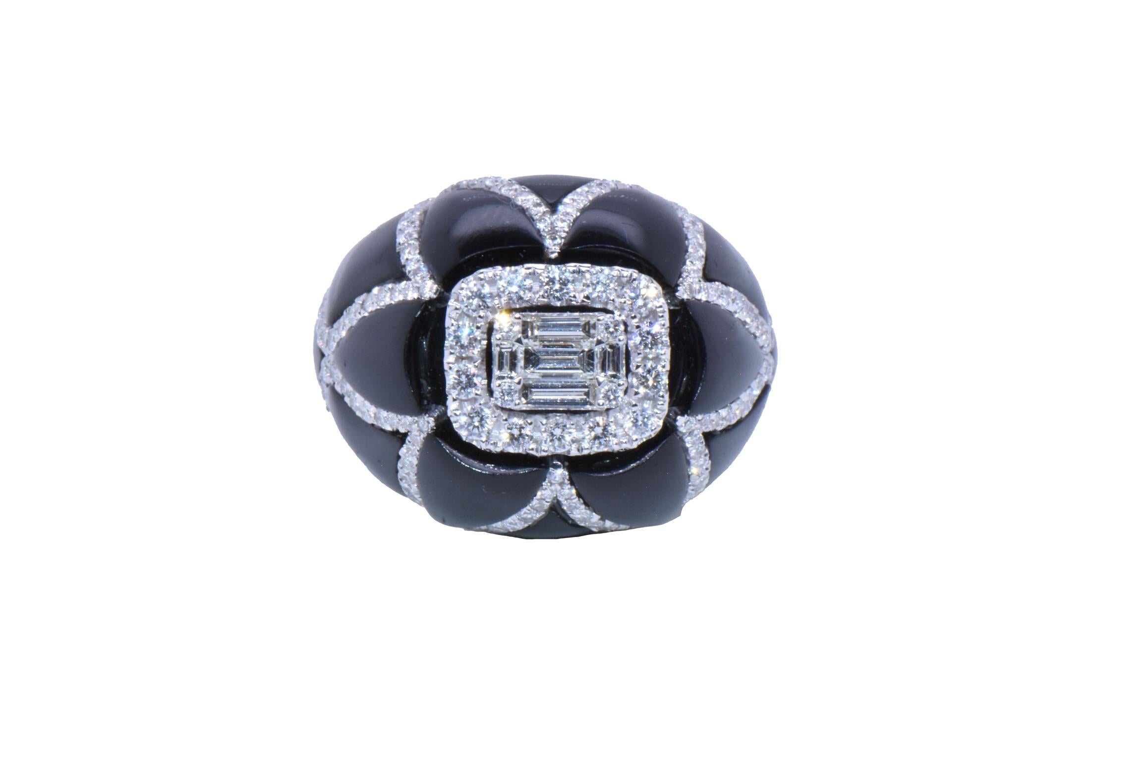 Aesthetic Movement 2.24 Carat Diamond & Onyx 3D Flower Ring with Baguette Center in 18k White Gold For Sale