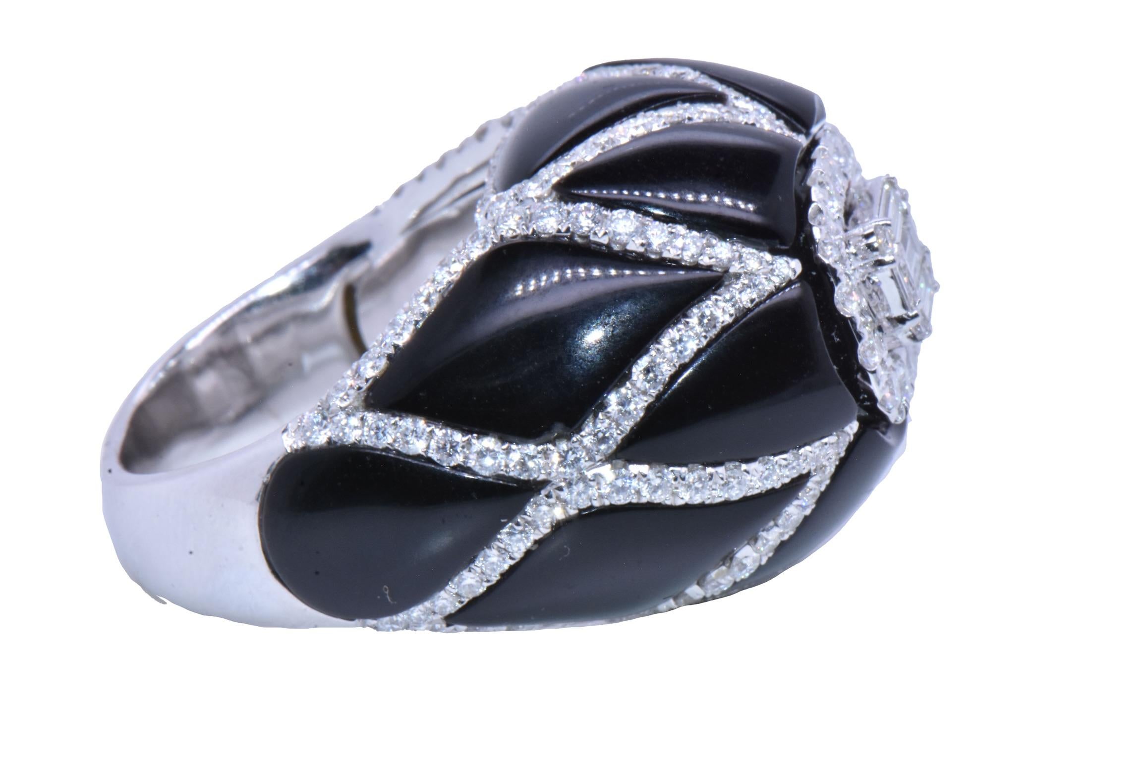 Baguette Cut 2.24 Carat Diamond & Onyx 3D Flower Ring with Baguette Center in 18k White Gold For Sale
