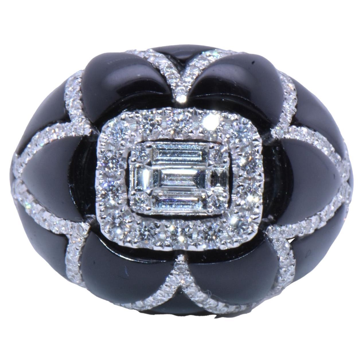 2.24 Carat Diamond & Onyx 3D Flower Ring with Baguette Center in 18k White Gold For Sale