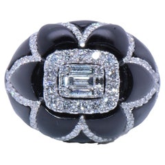 Bague fleur 3D en or blanc 18 carats, diamants et onyx de 2,24 carats avec centre en baguette