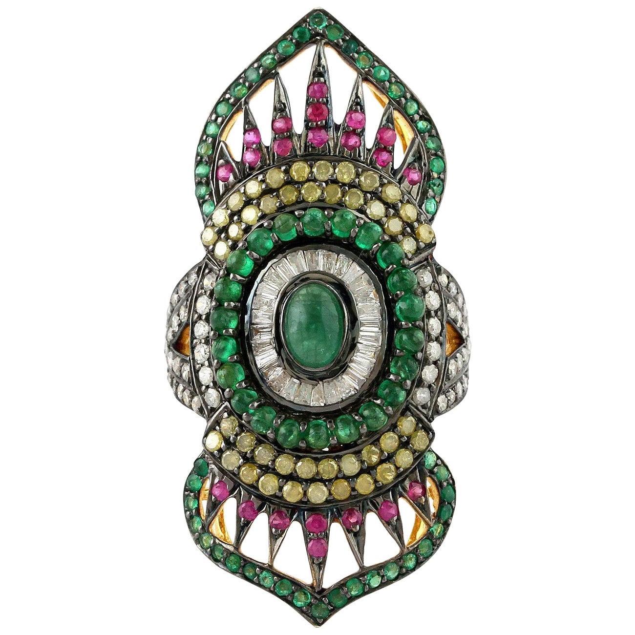 2.24 Carat Emerald Ruby Diamond Cocktail Marrakech Ring
