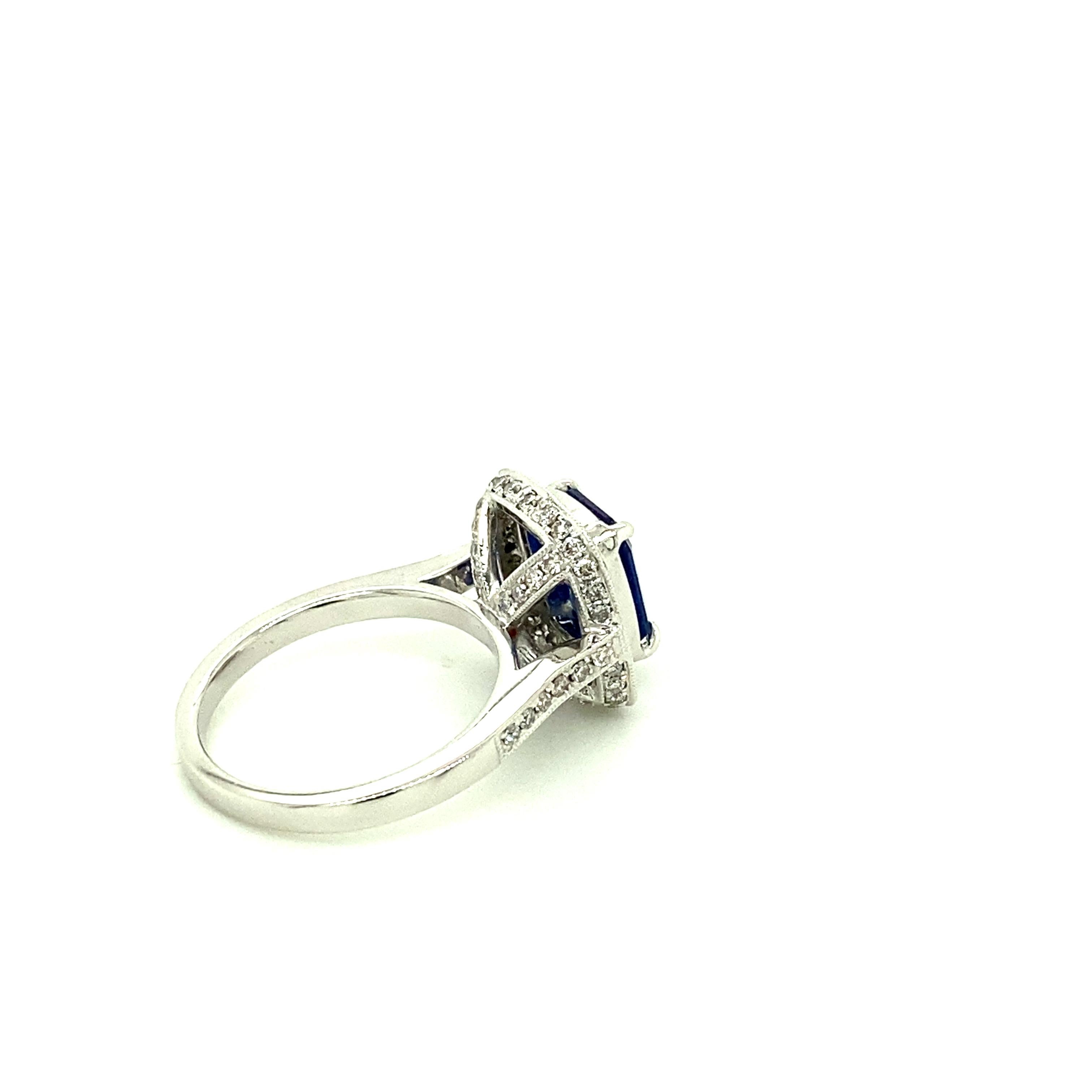 Octagon Cut 2.52 Carat GRS Certified Unheated Burmese Sapphire and Diamond Platinum Ring