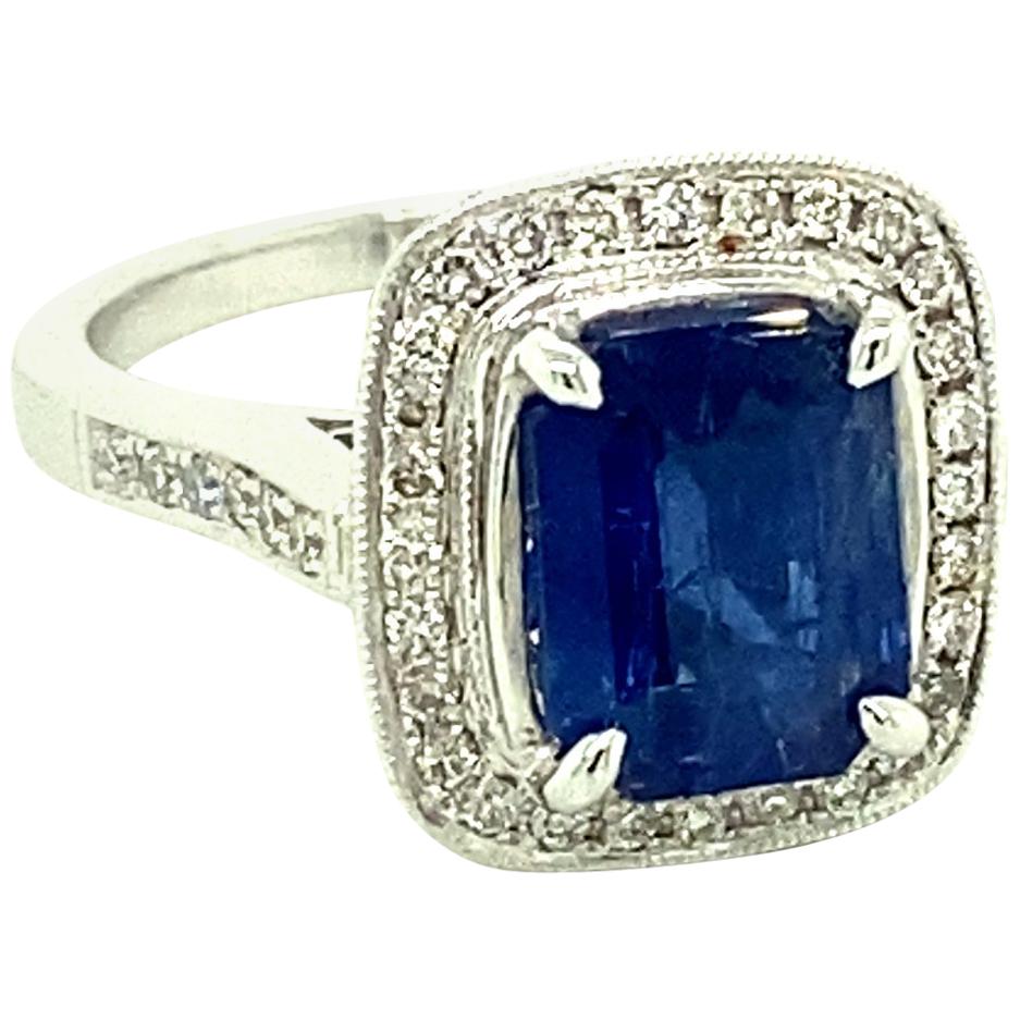 2.52 Carat GRS Certified Unheated Burmese Sapphire and Diamond Platinum Ring:

A rare ring, it features a stunning GRS certified unheated octagon-cut Burmese blue sapphire weighing 2.52 carat, surrounded by white round brilliant diamonds extending