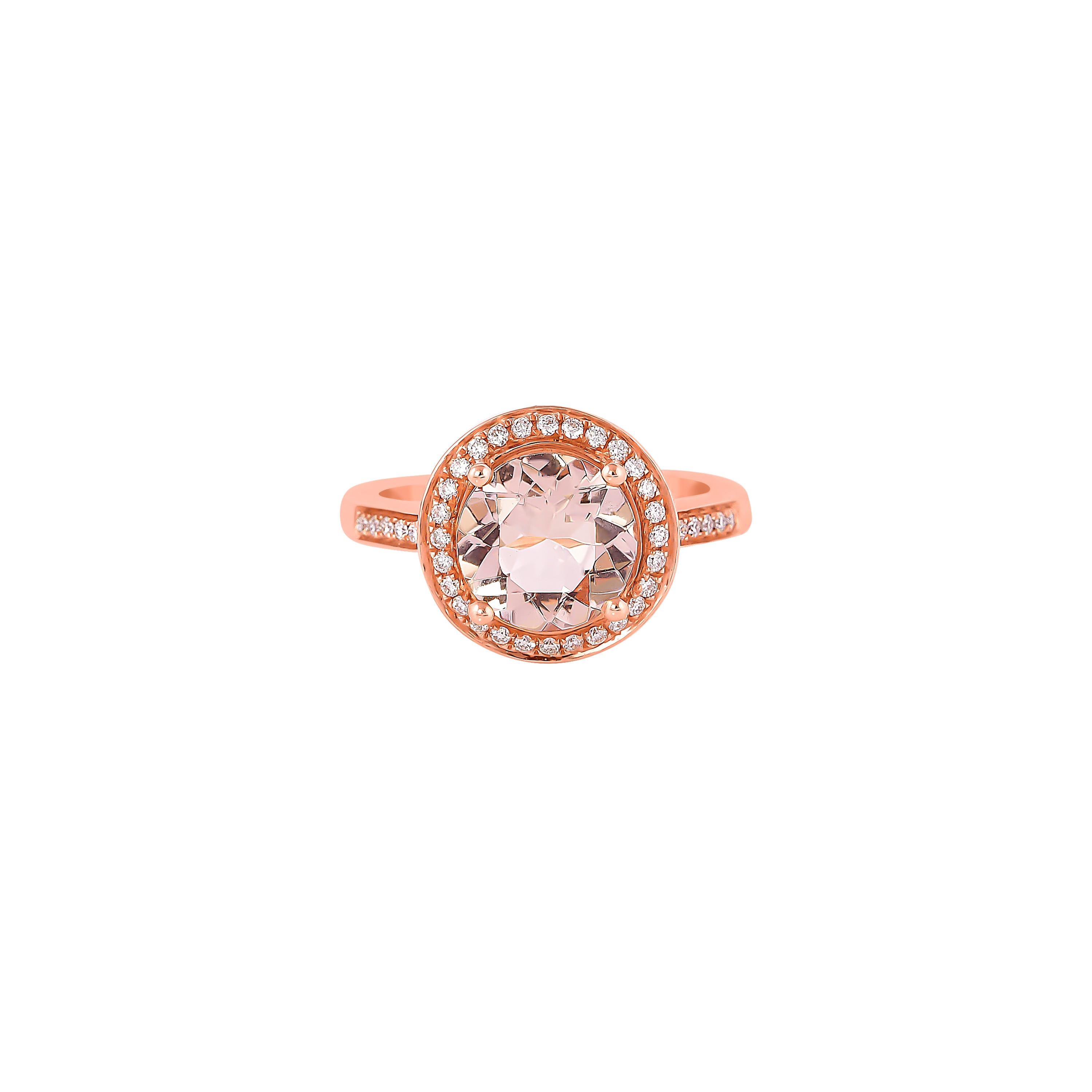 This collection features an array of magnificent morganites! Accented with diamonds these rings are made in rose gold and present a classic yet elegant look. 

Classic morganite ring in 18K rose gold with diamonds. 

Morganite: 2.24 carat round