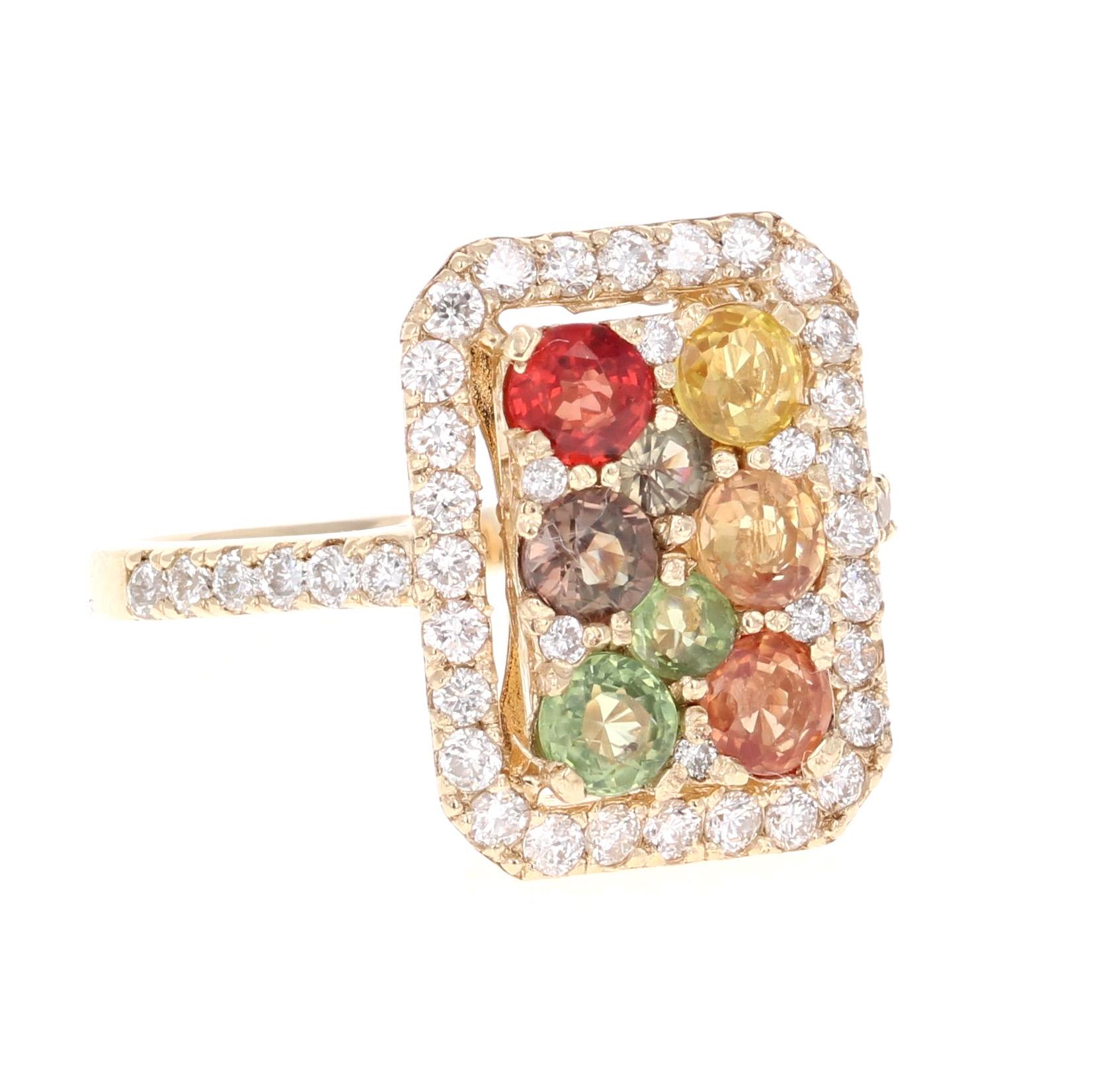 Uniquely Designed into a Masterpiece! 

This beautiful Ring has a cluster of Multi-Colored Sapphires and Diamonds that are carefully placed to create a unique design. It has 8 Multi-Colored Sapphires that weigh 1.60 carats and 46 Round Cut Diamonds