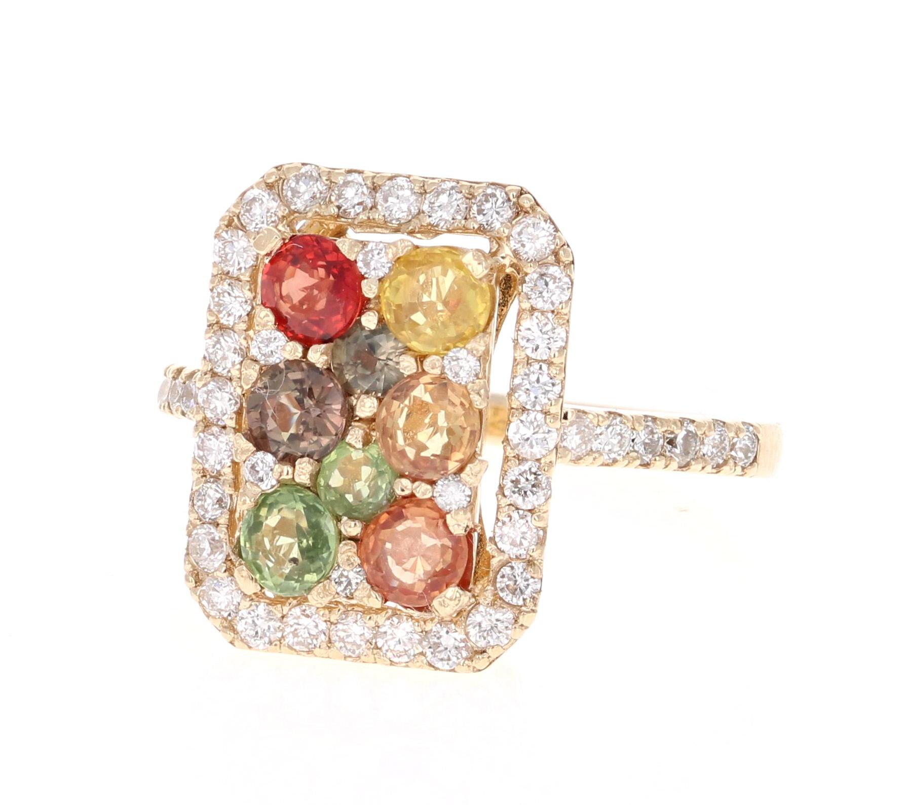 Contemporary 2.24 Carat Multi-Color Sapphire Diamond Yellow Gold Cluster Ring