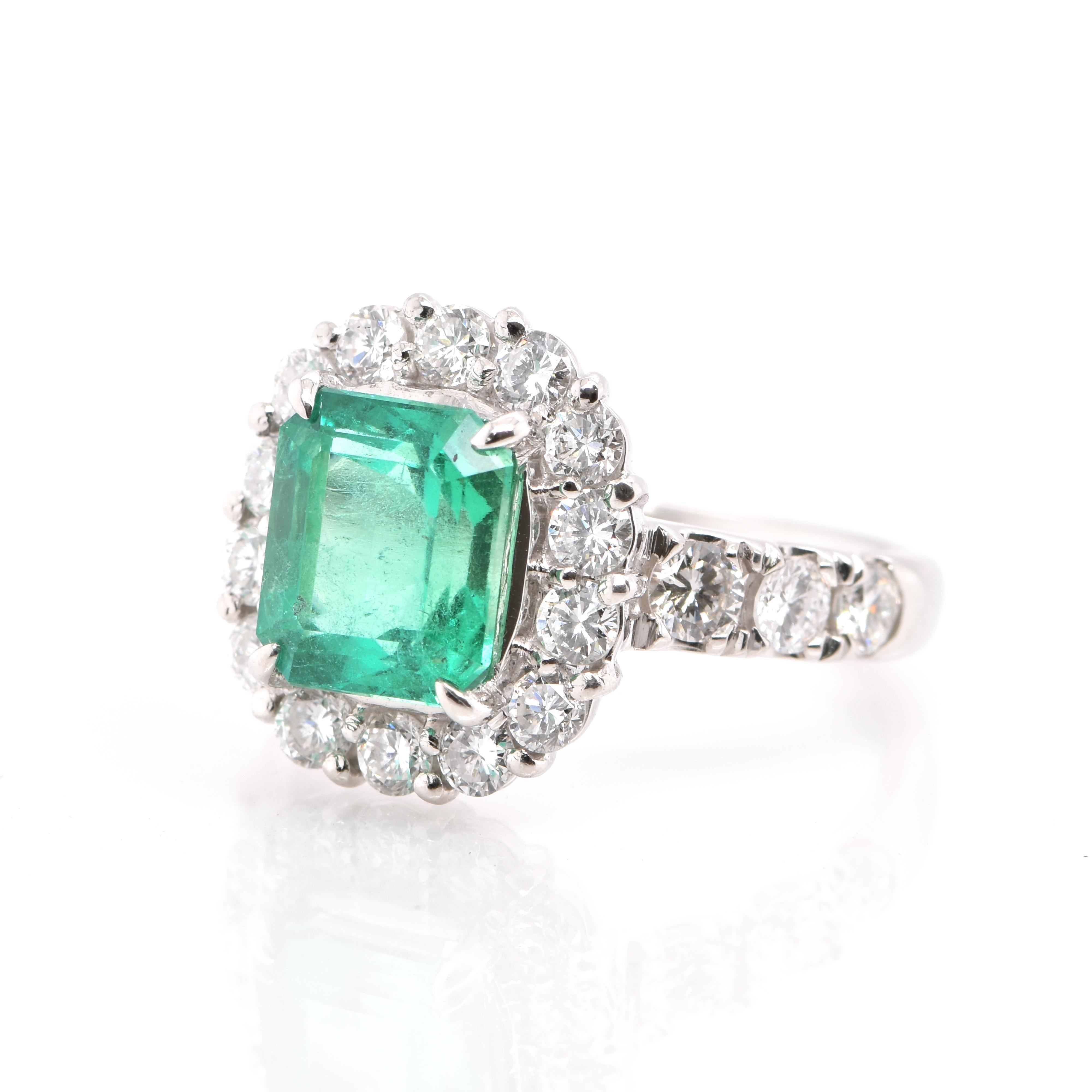 A stunning Engagement Ring featuring a 2.24 Carat Natural Emerald and 1.17 Carats of Diamond Accents set in Platinum. People have admired emerald’s green for thousands of years. Emeralds have always been associated with the lushest landscapes and