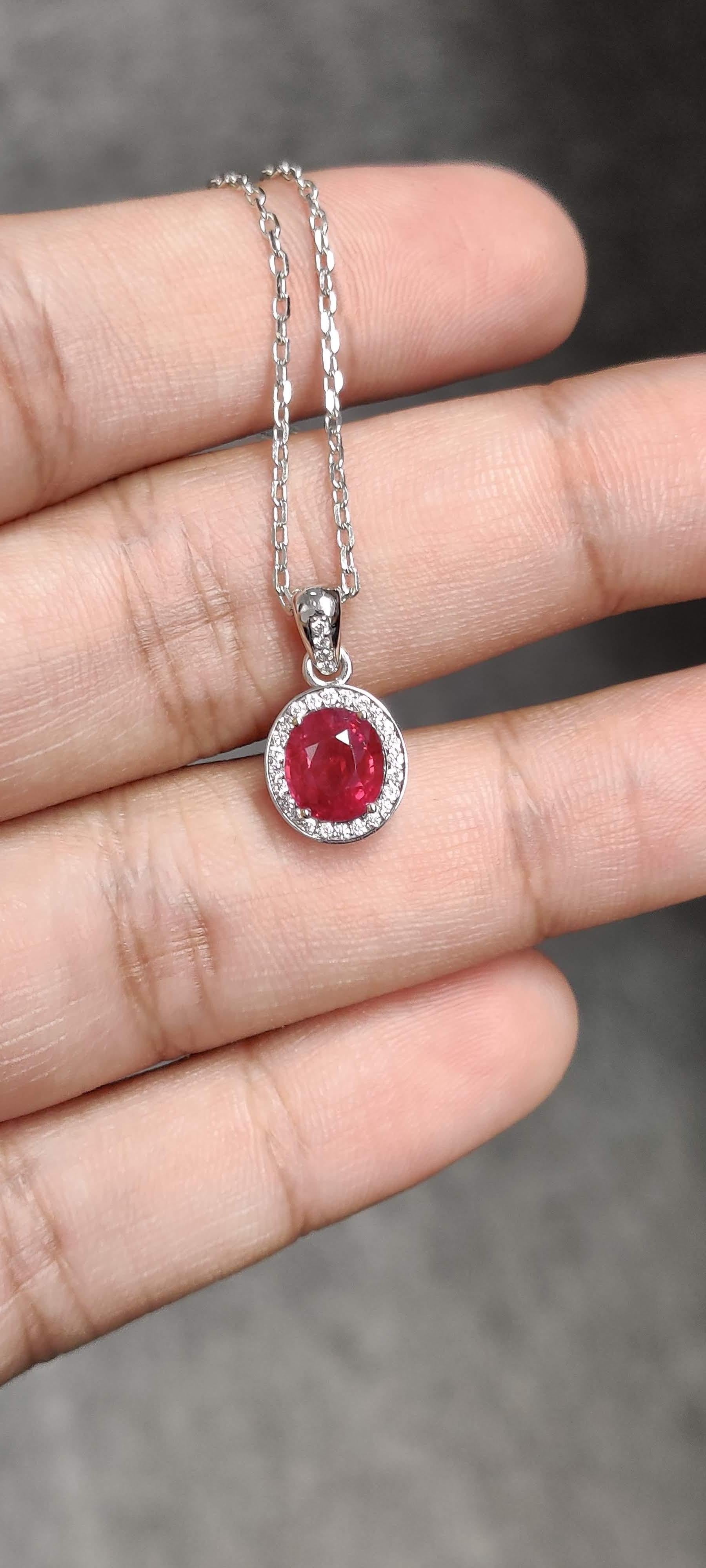 Oval Cut 2.24 Carat Round Ruby & Diamond Valentine's Day Special 18K White Gold Pendant  For Sale