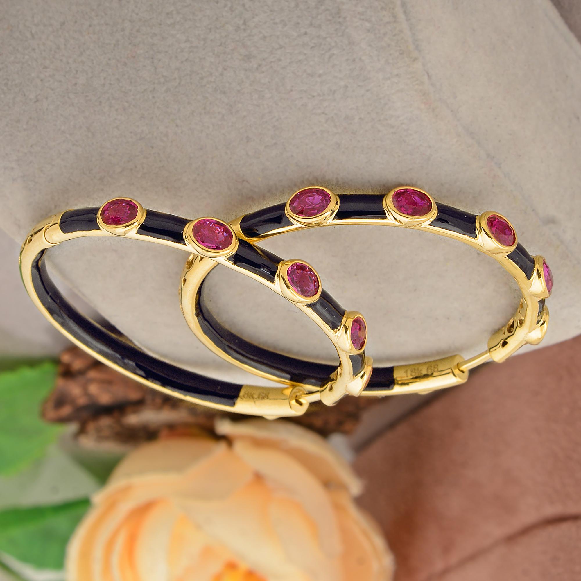 Modern 2.24 Carat Oval Ruby Gemstone Hoop Earrings Solid 18k Yellow Gold Enamel Jewelry For Sale
