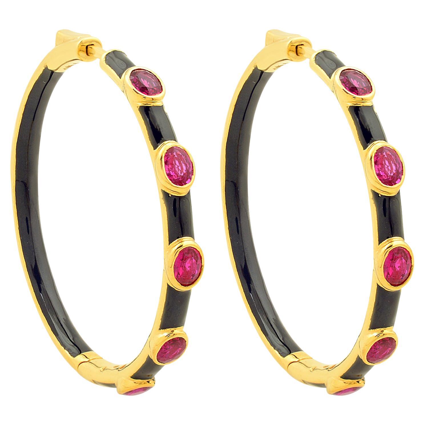 2.24 Carat Oval Ruby Gemstone Hoop Earrings Solid 18k Yellow Gold Enamel Jewelry