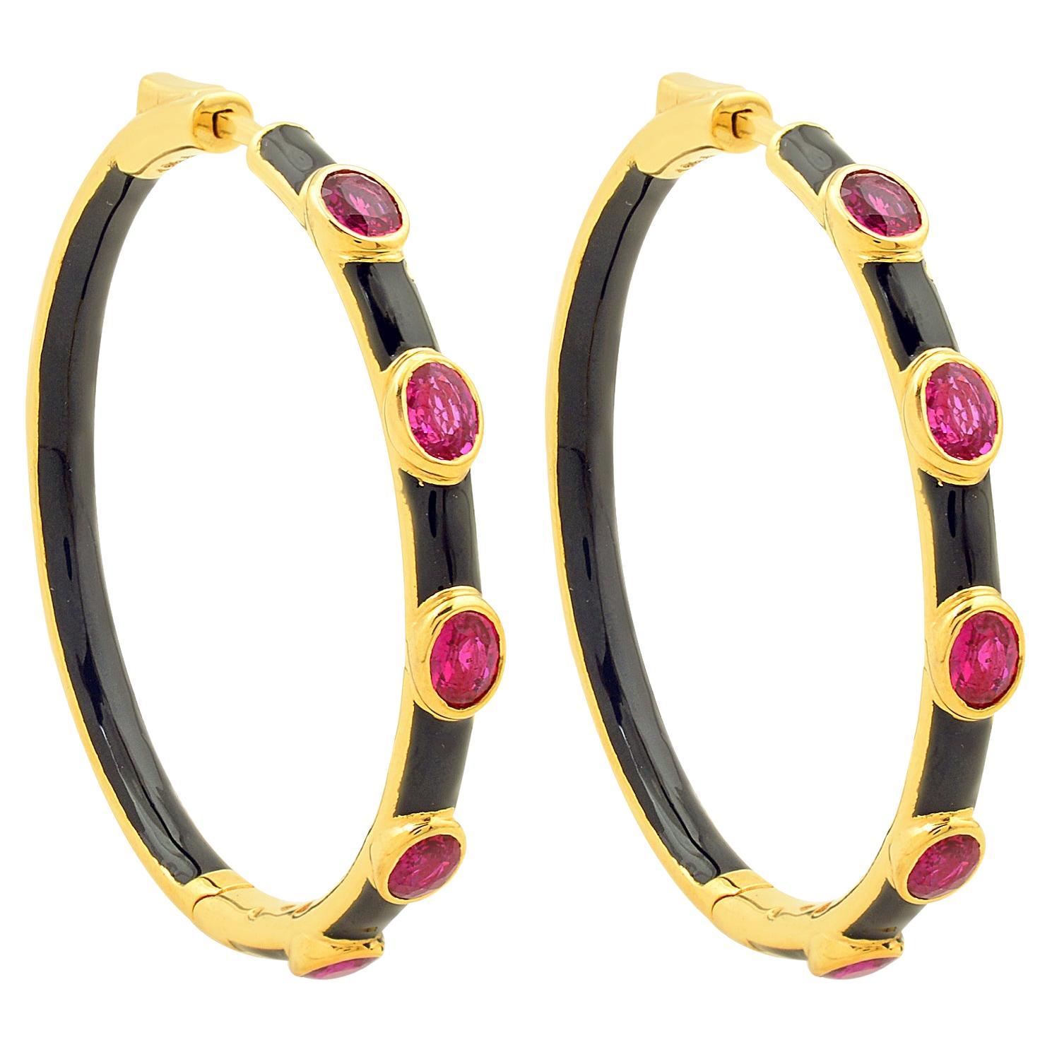 Pendientes de aro con gema de rubí ovalado de 2,24 quilates Joyas de oro amarillo macizo de 18 quilates con esmalte