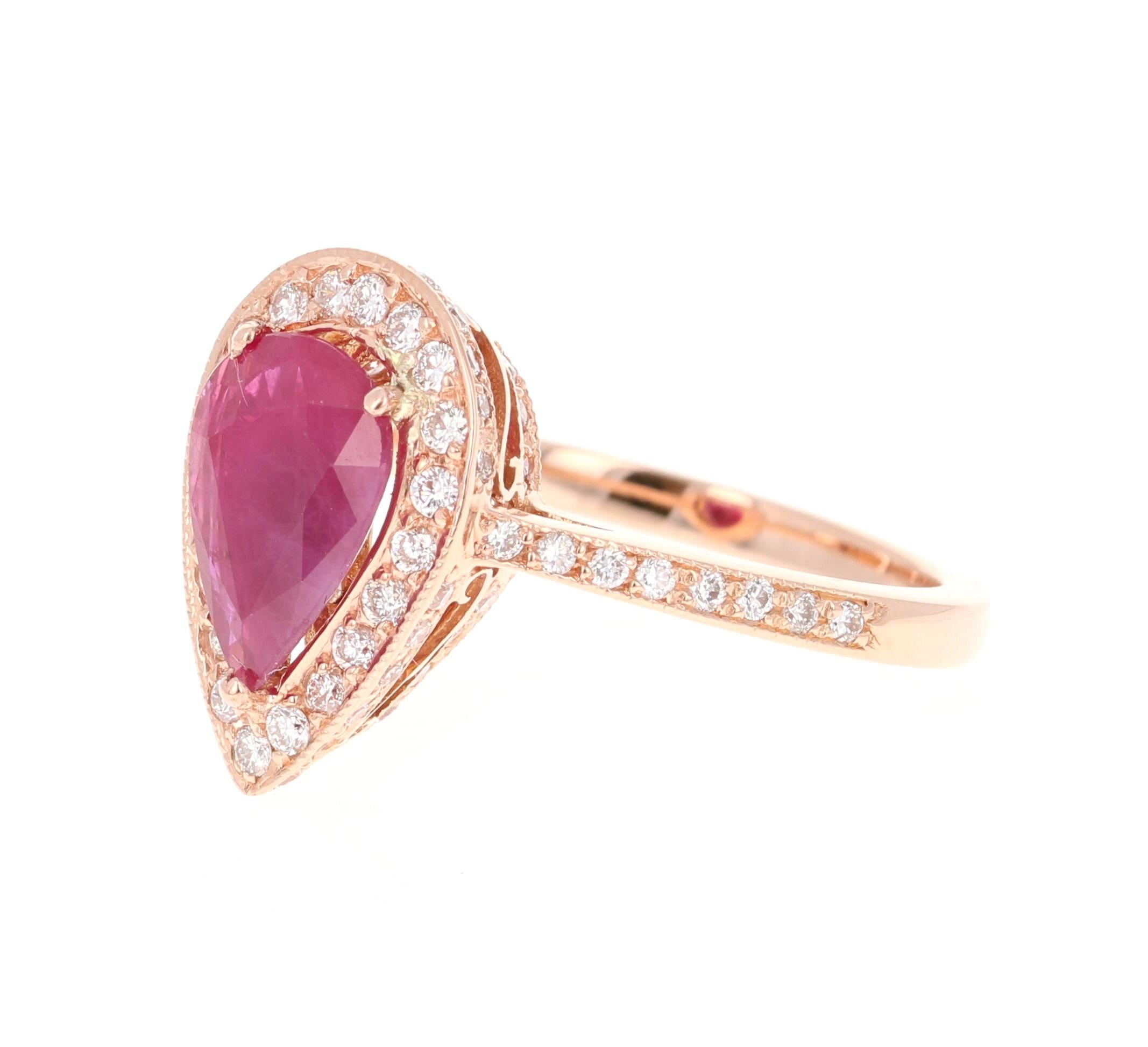 A simple yet beautiful ring with a 1.51 Carat Pear Cut Ruby as its center and 75 Round Cut Diamonds that weigh 0.73 carats. The total carat weight of the ring is 2.24 Carats.

The ring is casted in 18K Rose Gold and weighs approximately 5.3 grams.