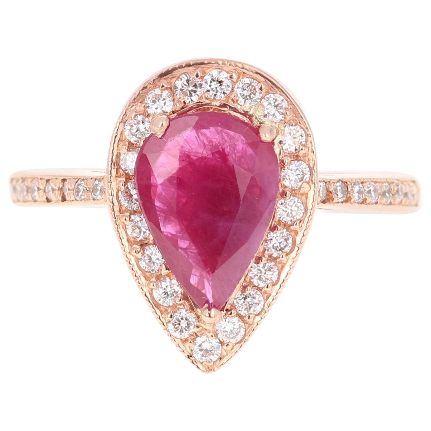 Bague de fiançailles en or rose 18 carats avec diamants et rubis taille poire de 2,24 carats