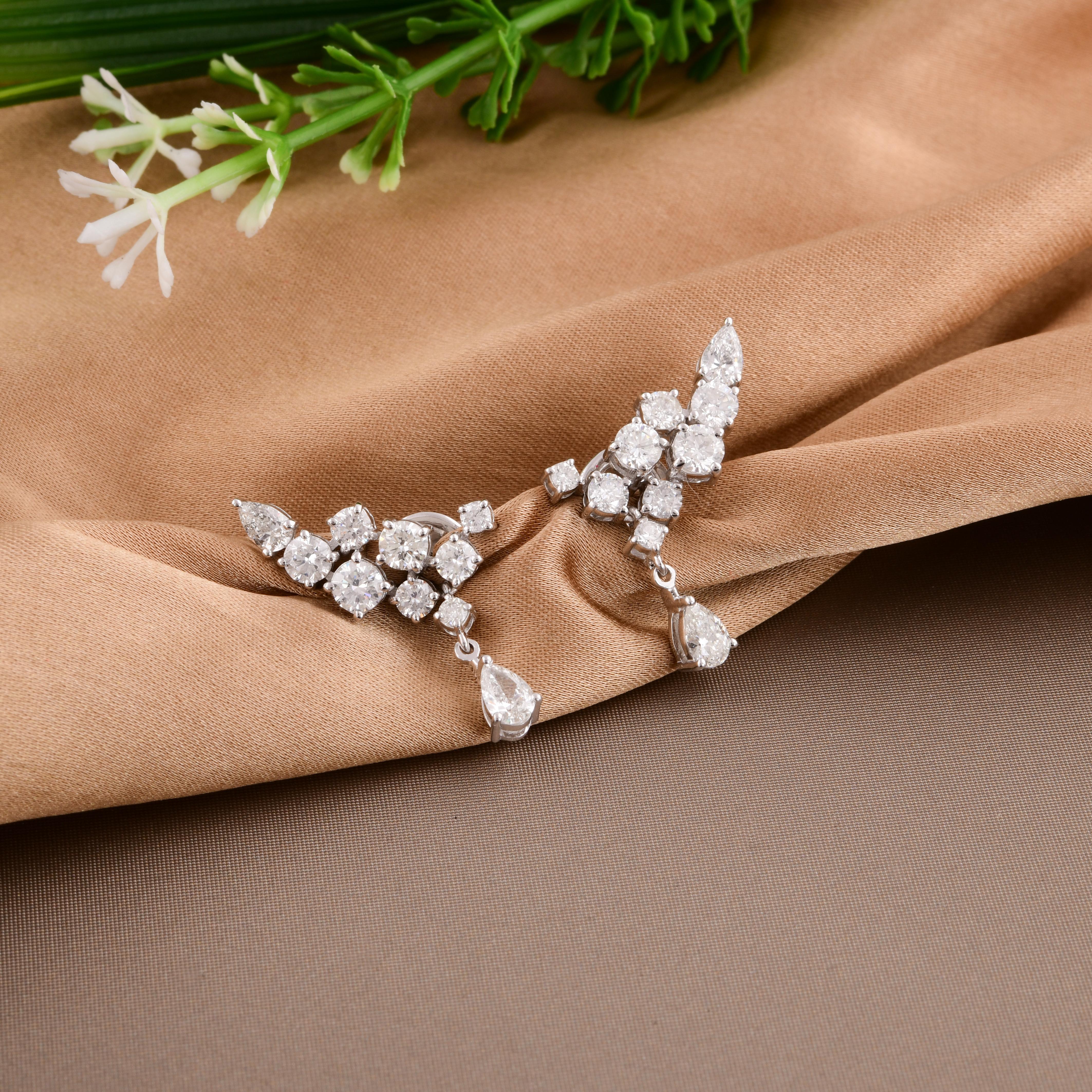 Modern 2.24 Carat Pear & Round Diamond Earrings 14 Karat White Gold Handmade Jewelry For Sale