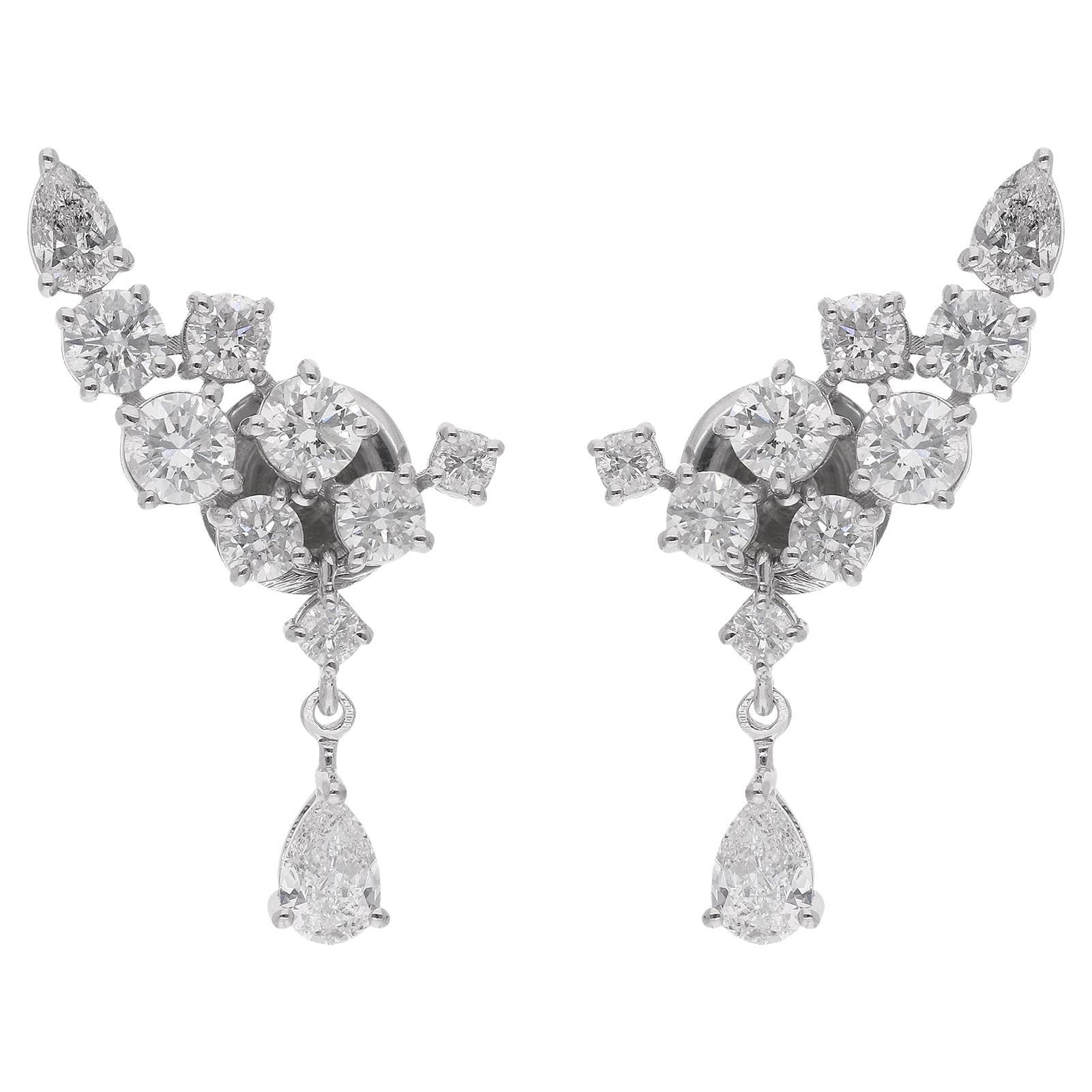 2.24 Carat Pear & Round Diamond Earrings 14 Karat White Gold Handmade Jewelry For Sale