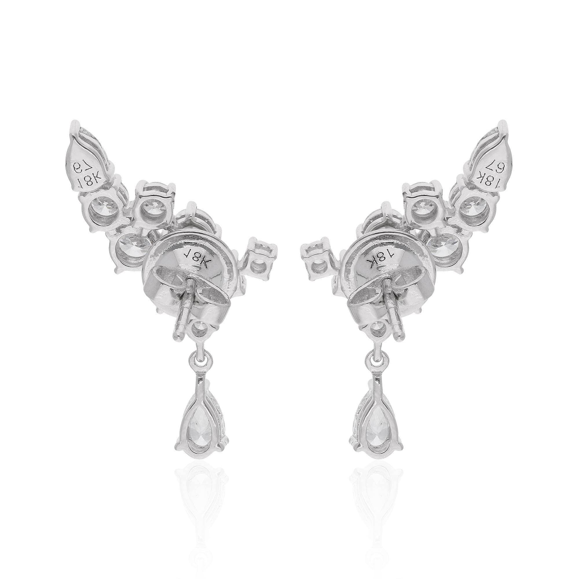 Women's 2.24 Carat Pear & Round Diamond Earrings 18 Karat White Gold Handmade Jewelry For Sale