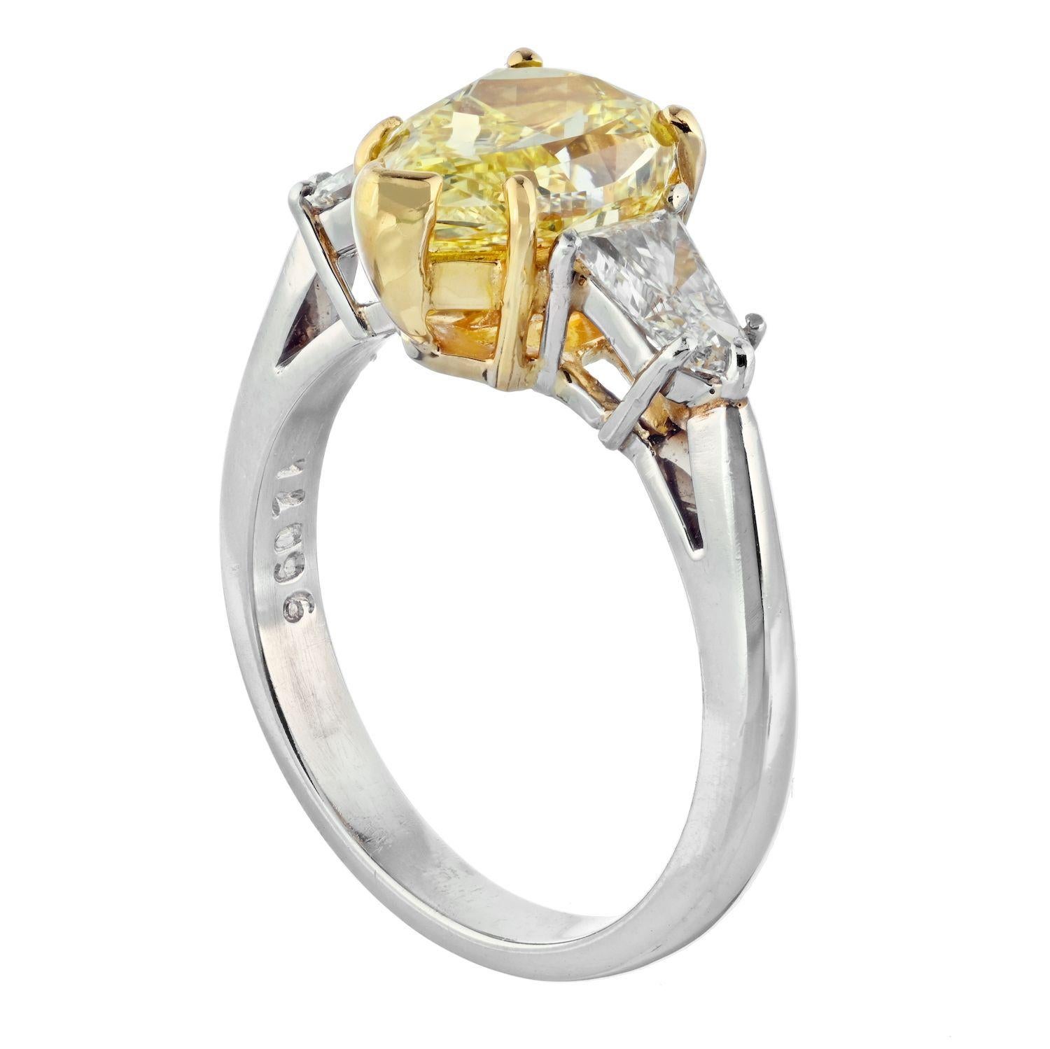 Pear Cut 2.24 Carat Pear Shape Platinum &18K Yellow Gold Fancy Yellow Three Stone Diamond For Sale