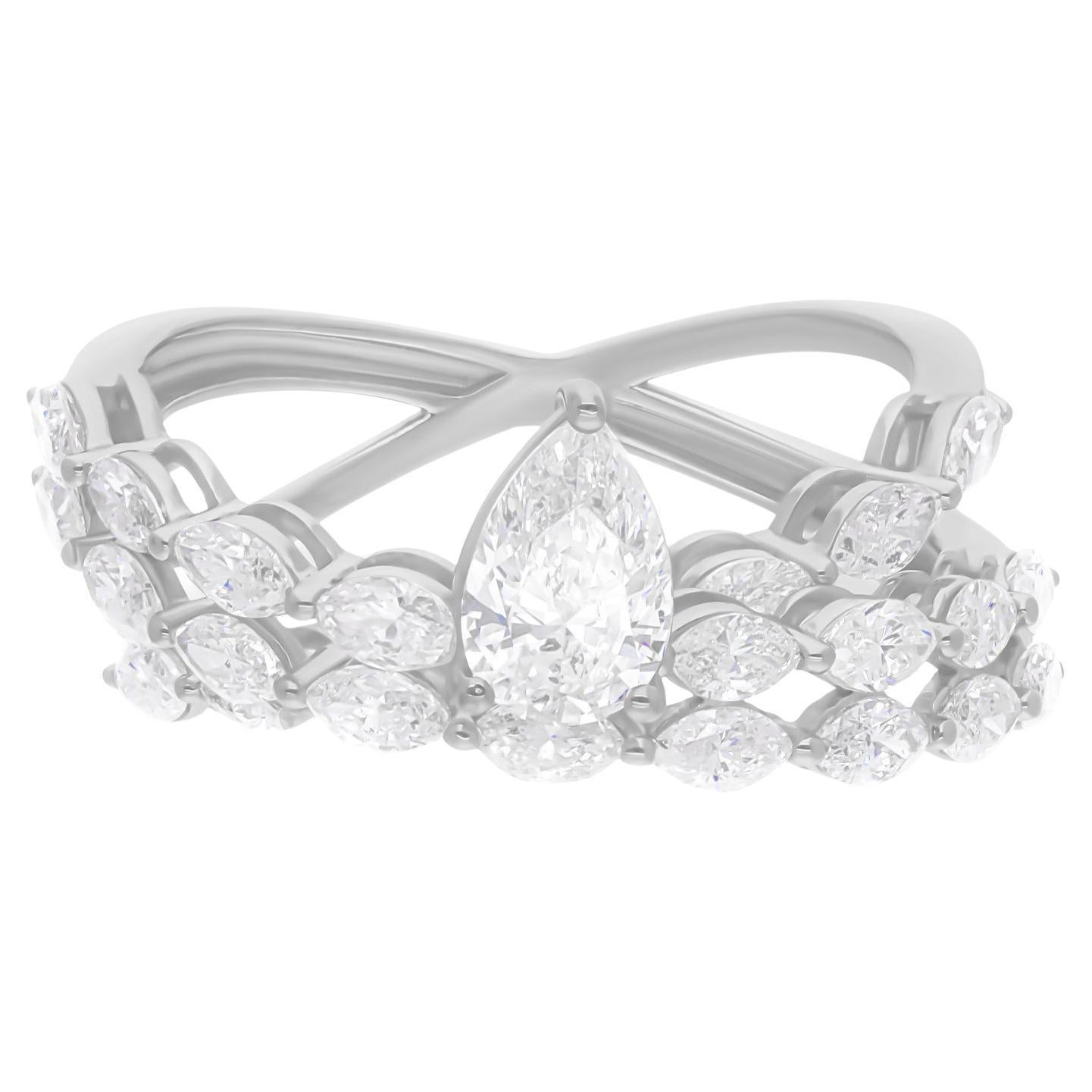 2.24 Carat SI/H Pear Marquise Diamond Criss Cross Ring 14k White Gold Jewelry