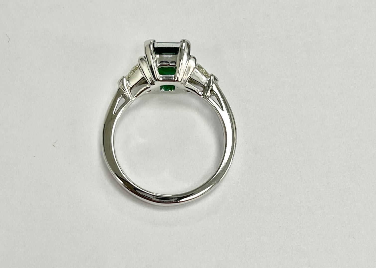 Emerald Cut 2.24 Carat Zambiam Emerald Diamond Three-Stone Ring For Sale