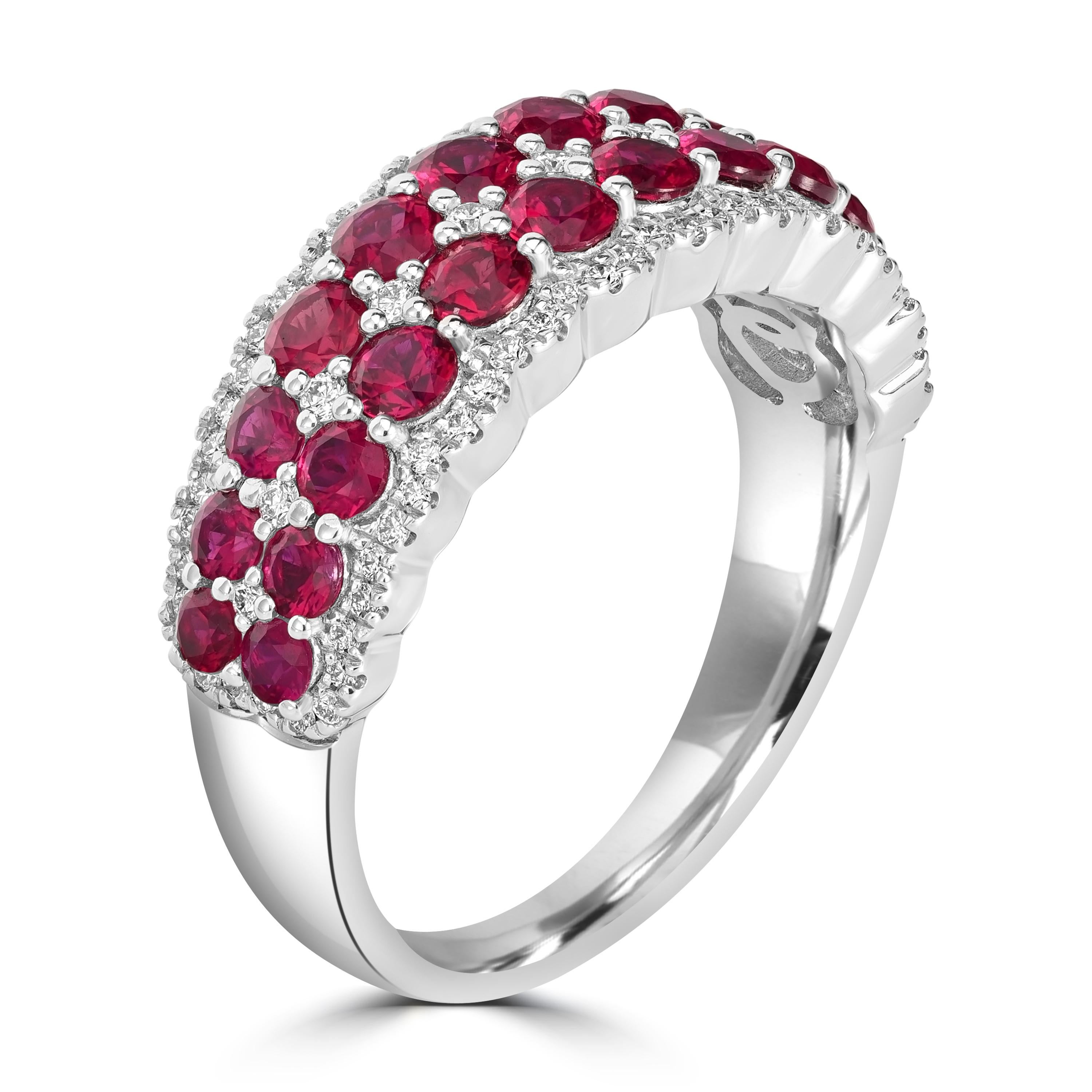 Presenting our stunning 2.24 Carats Mozambique Ruby and Diamond Half Eternity Cluster Ring, an exquisite embodiment of romance and sophistication. This remarkable ring harmoniously marries the vibrant allure of Mozambique rubies with the enduring