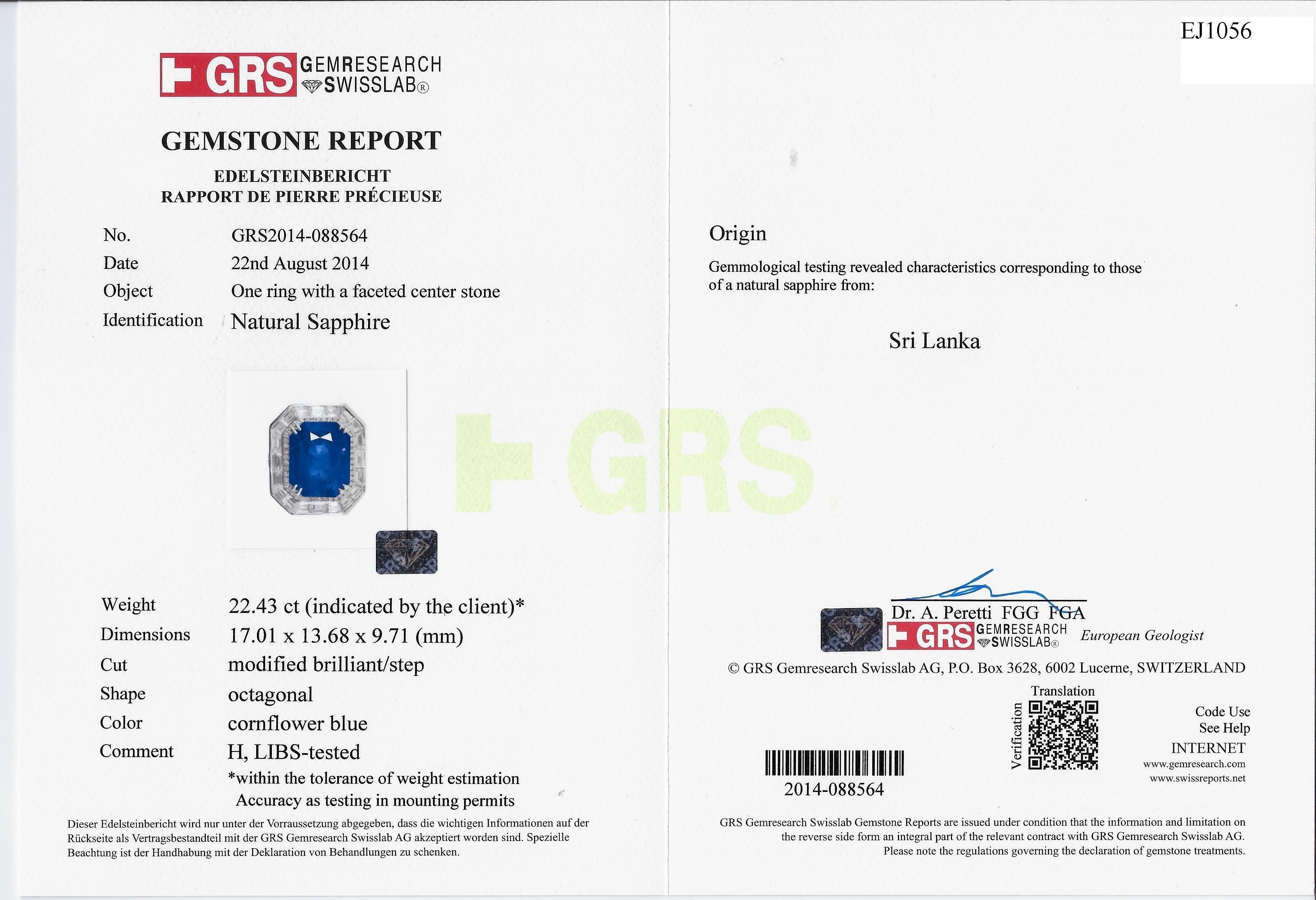 22,43 Karat GRS zertifizierter kornblumenblauer Saphir und weißer Diamant Goldring im Angebot 1