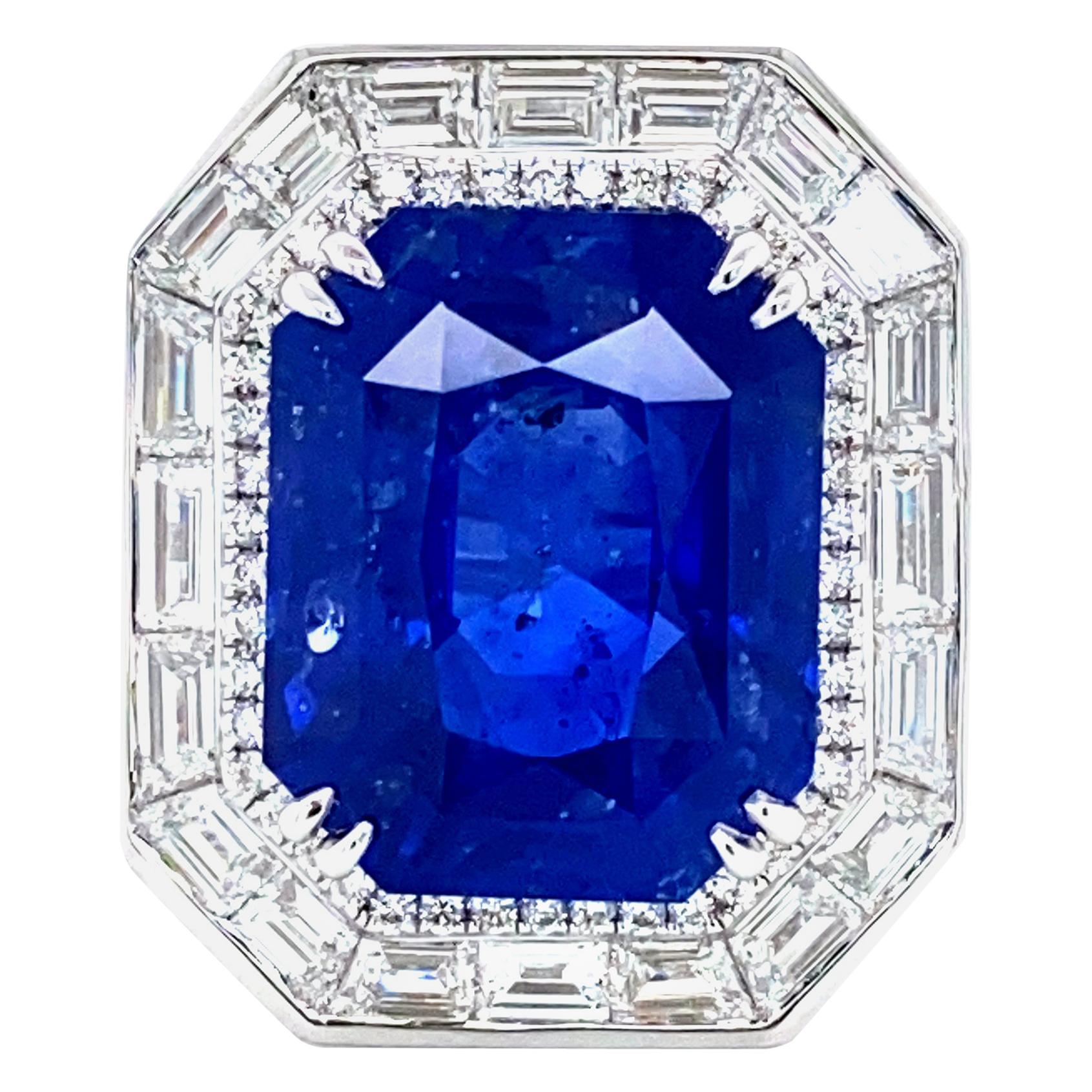 22.43 Carat GRS Certified Cornflower Blue Sapphire and White Diamond Gold Ring