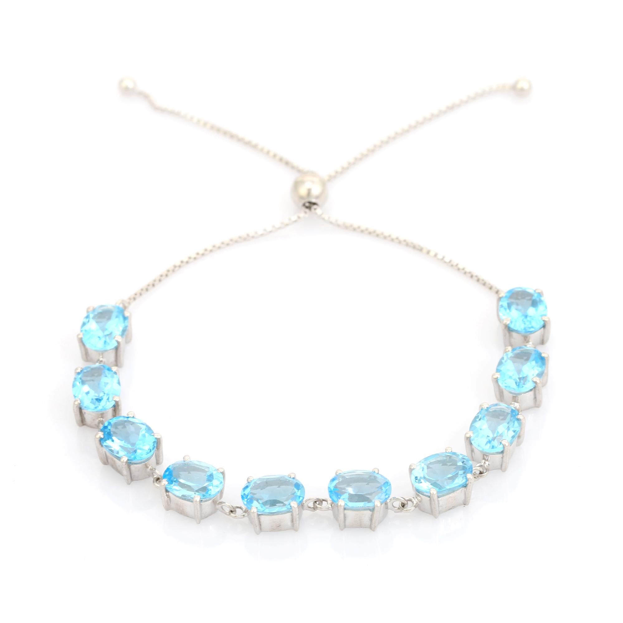 22.45 Carat Natural Blue Topaz Adjustable Bolo Silver Bracelet for Women Gift For Sale 1