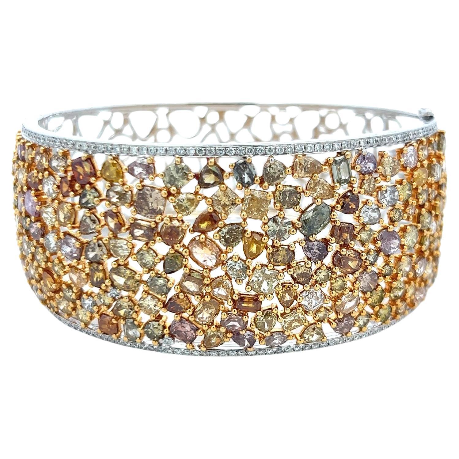22.46 Carat Diamond 18K Two Tone Gold Wide Vintage Bangle Bracelet For Sale