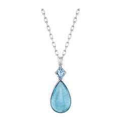 22.47 Carat Aquamarine Pear Cabochon, Sapphire, White Gold Bezel, Drop Pendant