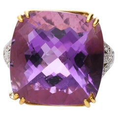 22.48 Carat Cushion Checkerboard Amethyst & Diamond Filigree 18K Two Tone Ring