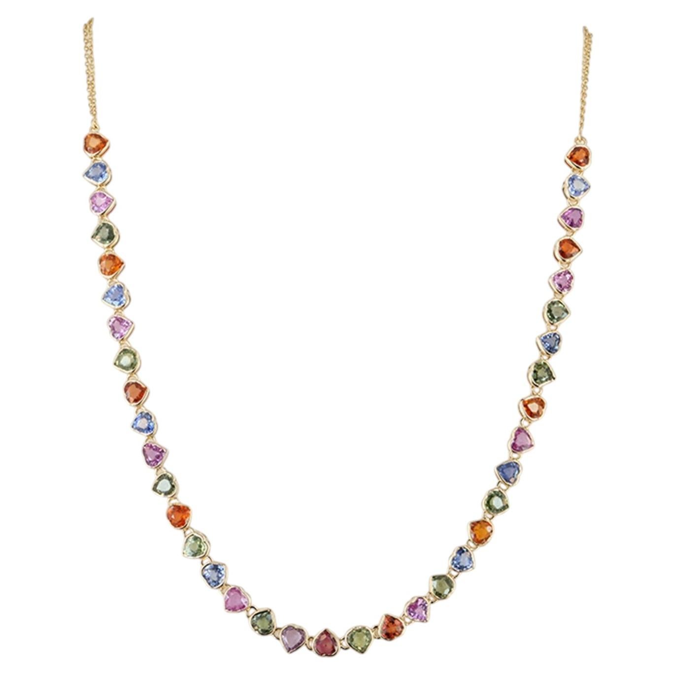 Herz-Halskette Multi Saphir Edelstein 14k Gelbgold Feiner Schmuck