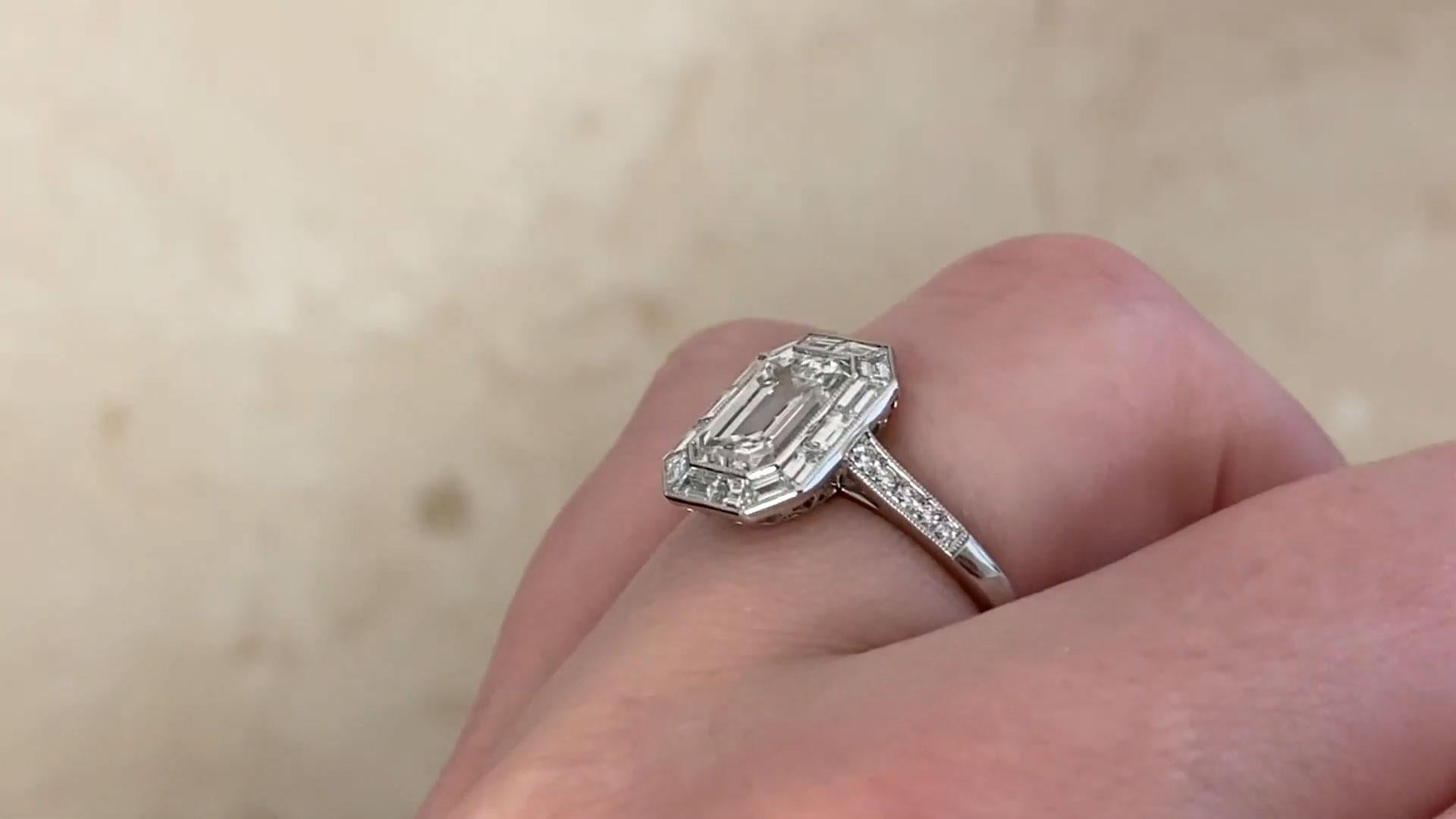 Art Deco Emerald Cut Diamond (GIA Approx. 1.8-Carats) with Baguette Cut Halo, Platinum For Sale