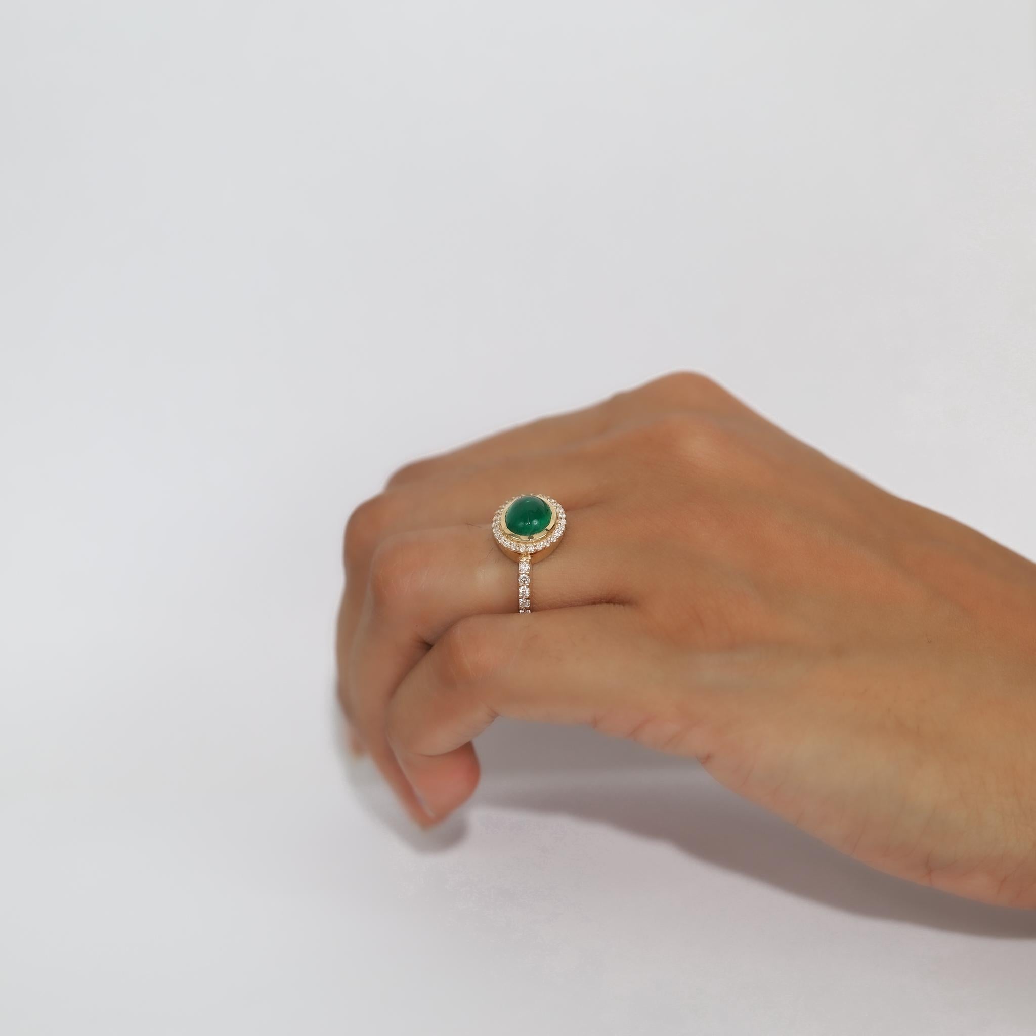 Art Deco 2.24ct Oval Cabochon Emerald & Diamond Halo Engagement Ring in 18K Yellow Gold For Sale