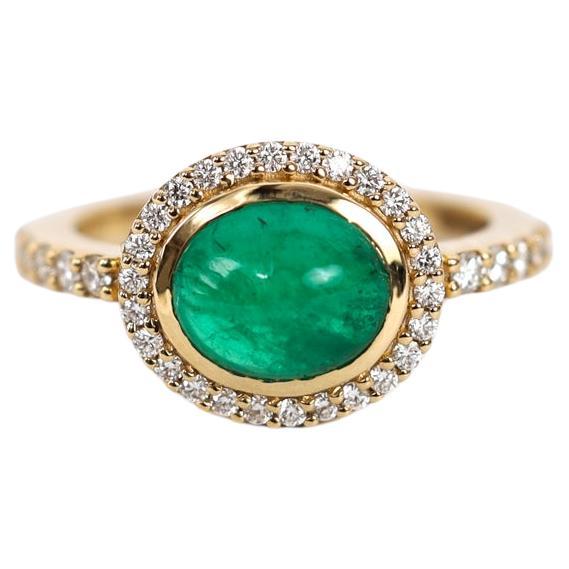2.24ct Oval Cabochon Emerald & Diamond Halo Engagement Ring in 18K Yellow Gold For Sale