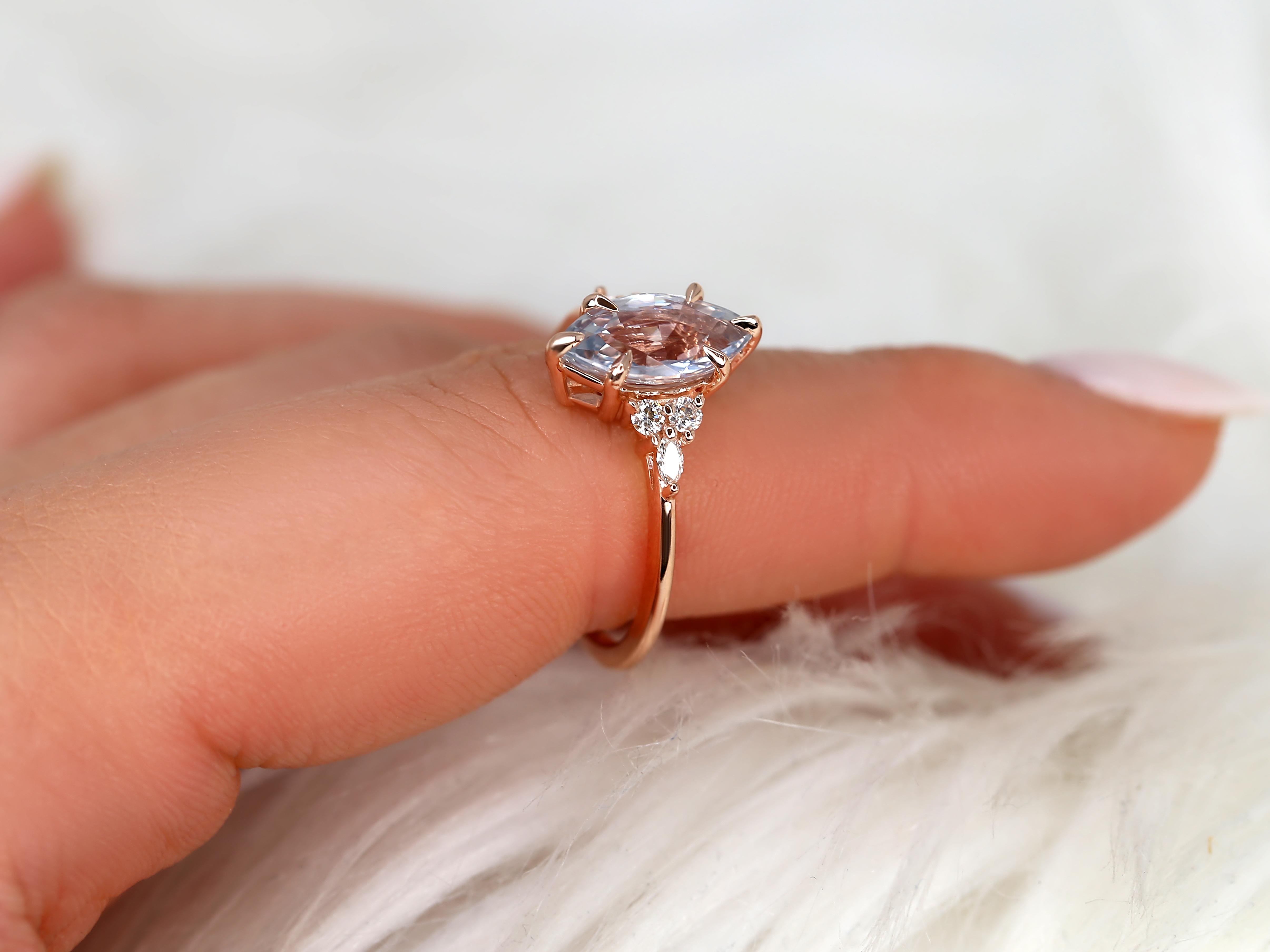 Art Deco 2.24ct Petite Meadow 14kt Rose Gold Cornflower Sapphire Diamond Three Stone Ring For Sale