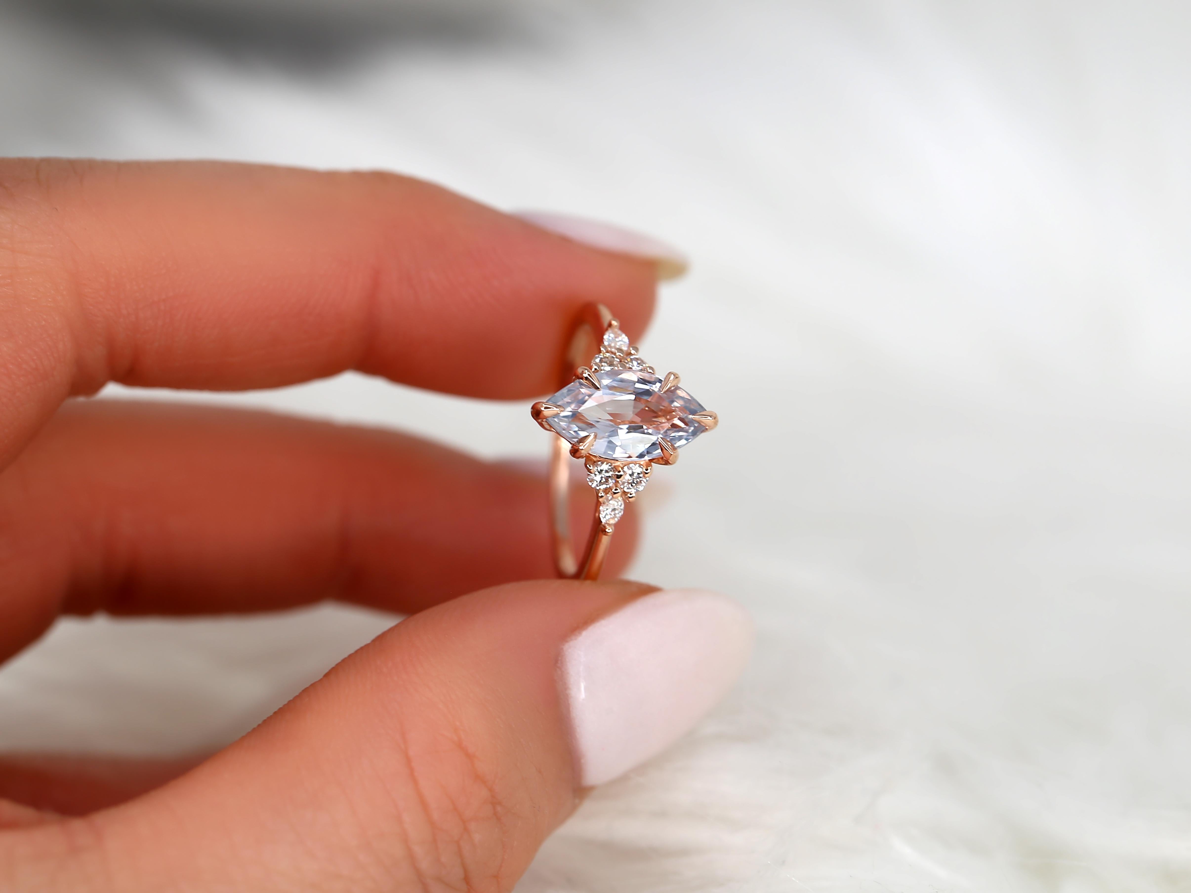 2.24ct Petite Meadow 14kt Rose Gold Cornflower Sapphire Diamond Three Stone Ring For Sale 1