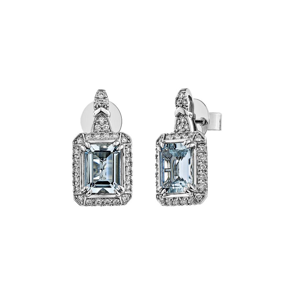 Octagon Cut 2.25 Carat Aquamarine Stud Earring in 18Karat White Gold with White Diamond. For Sale