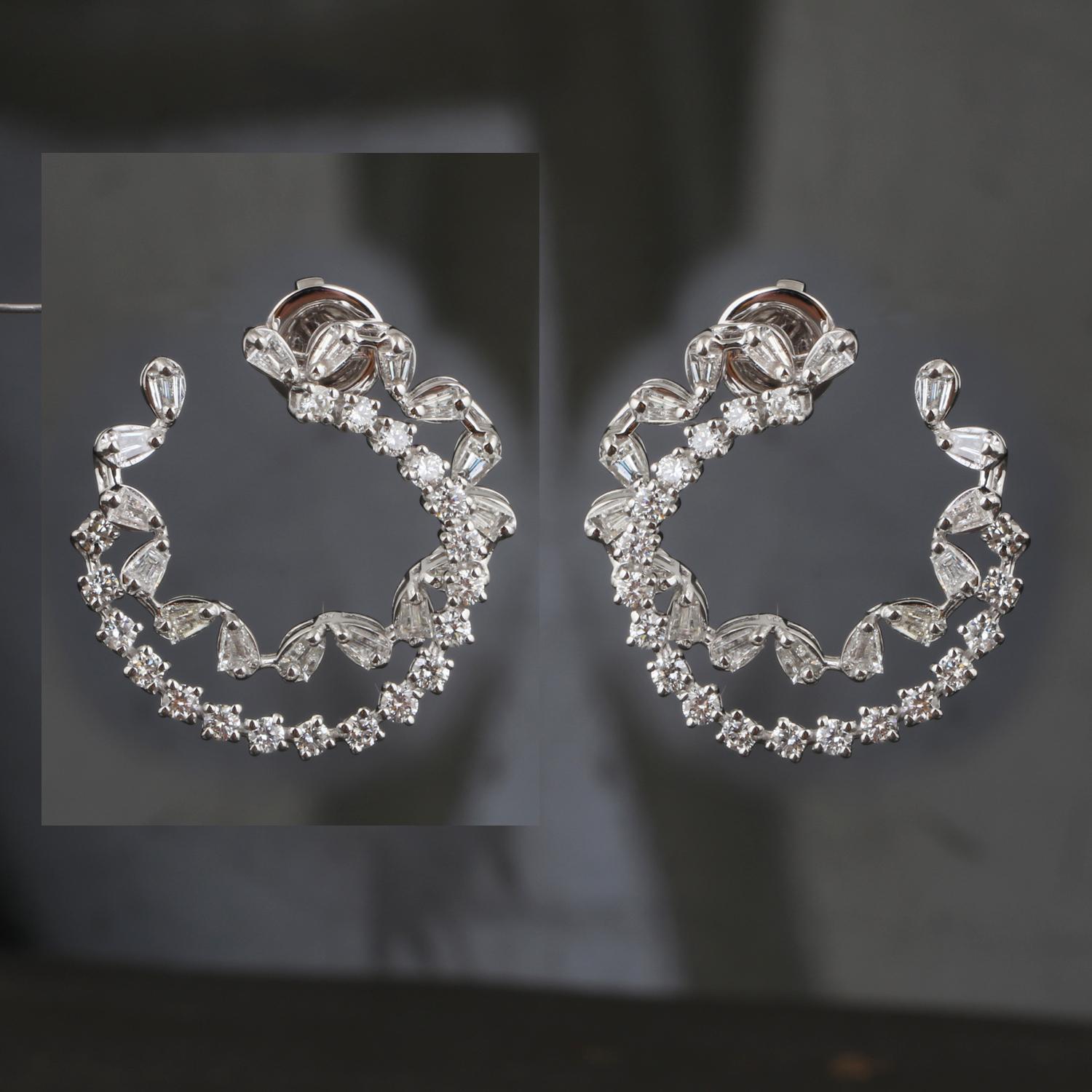 Baguette Cut 2.25 Carat Baguette Round Diamond Earrings 18 Karat White Gold Handmade Jewelry For Sale