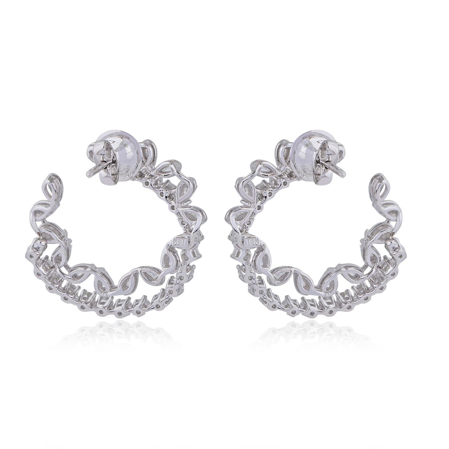 Women's 2.25 Carat Baguette Round Diamond Earrings 18 Karat White Gold Handmade Jewelry For Sale